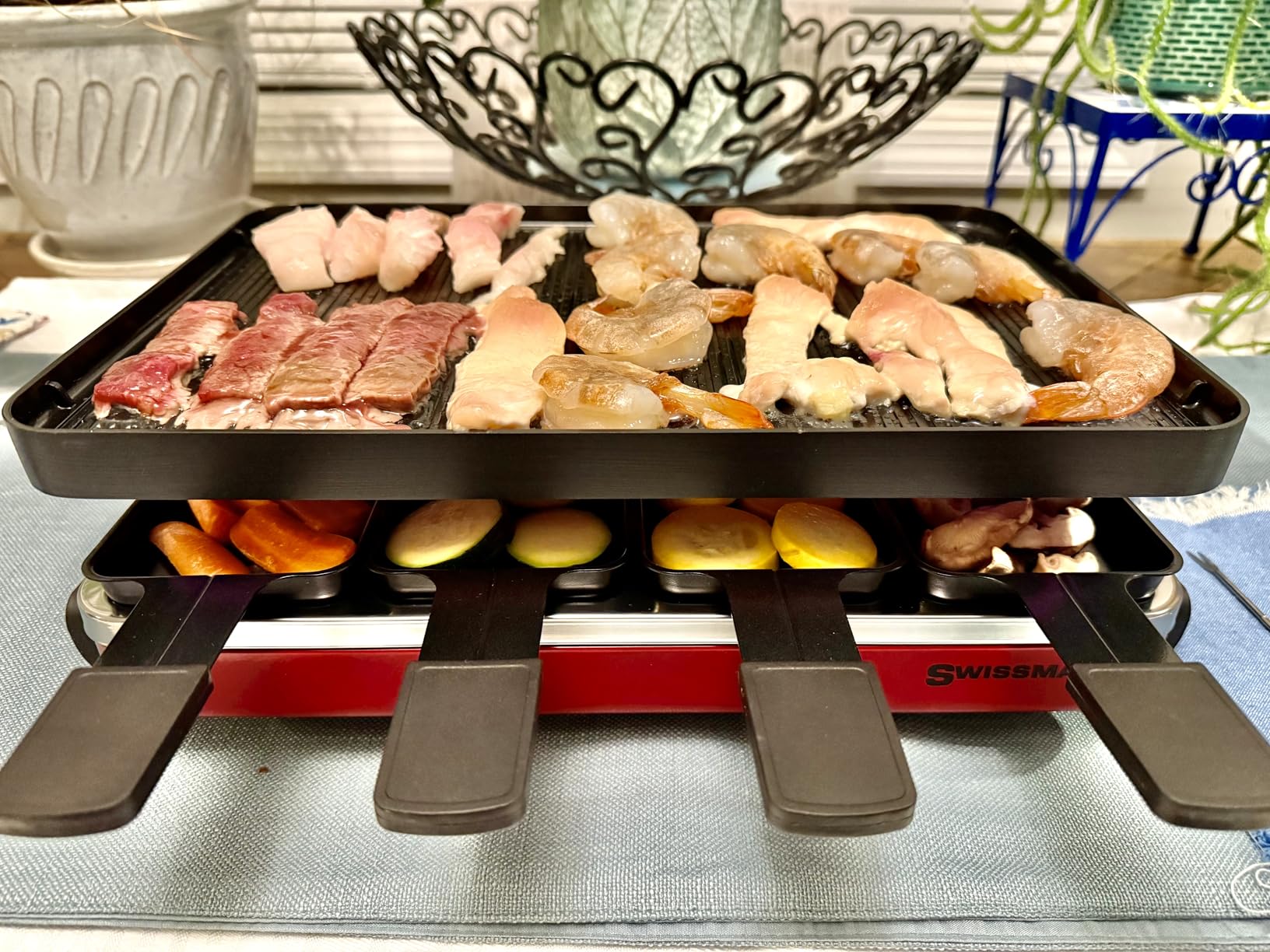 Swissmar Classic 8-Person Raclette Party Grill with Reversible Cast Aluminum Non-Stick Grill Plate/Crepe Top, Indoor Electric Raclette Grill & Griller - Black Grill Plate - Red customer photo 1