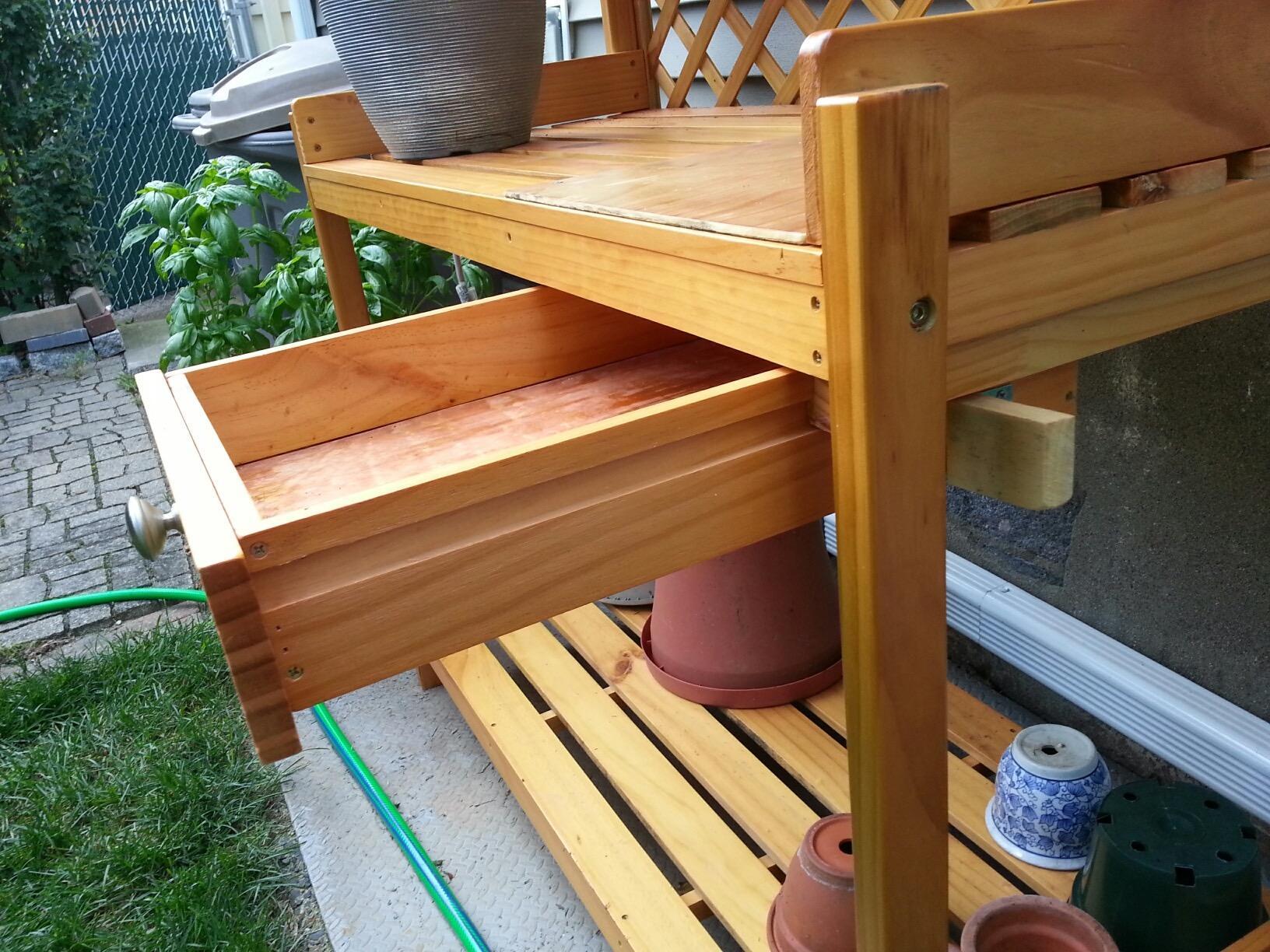 Best Choice Products Outdoor Garden Potting Bench, Wooden Workstation Table w/Cabinet Drawer, Open Shelf, Lower Storage, Lattice Back - Natural customer photo 1