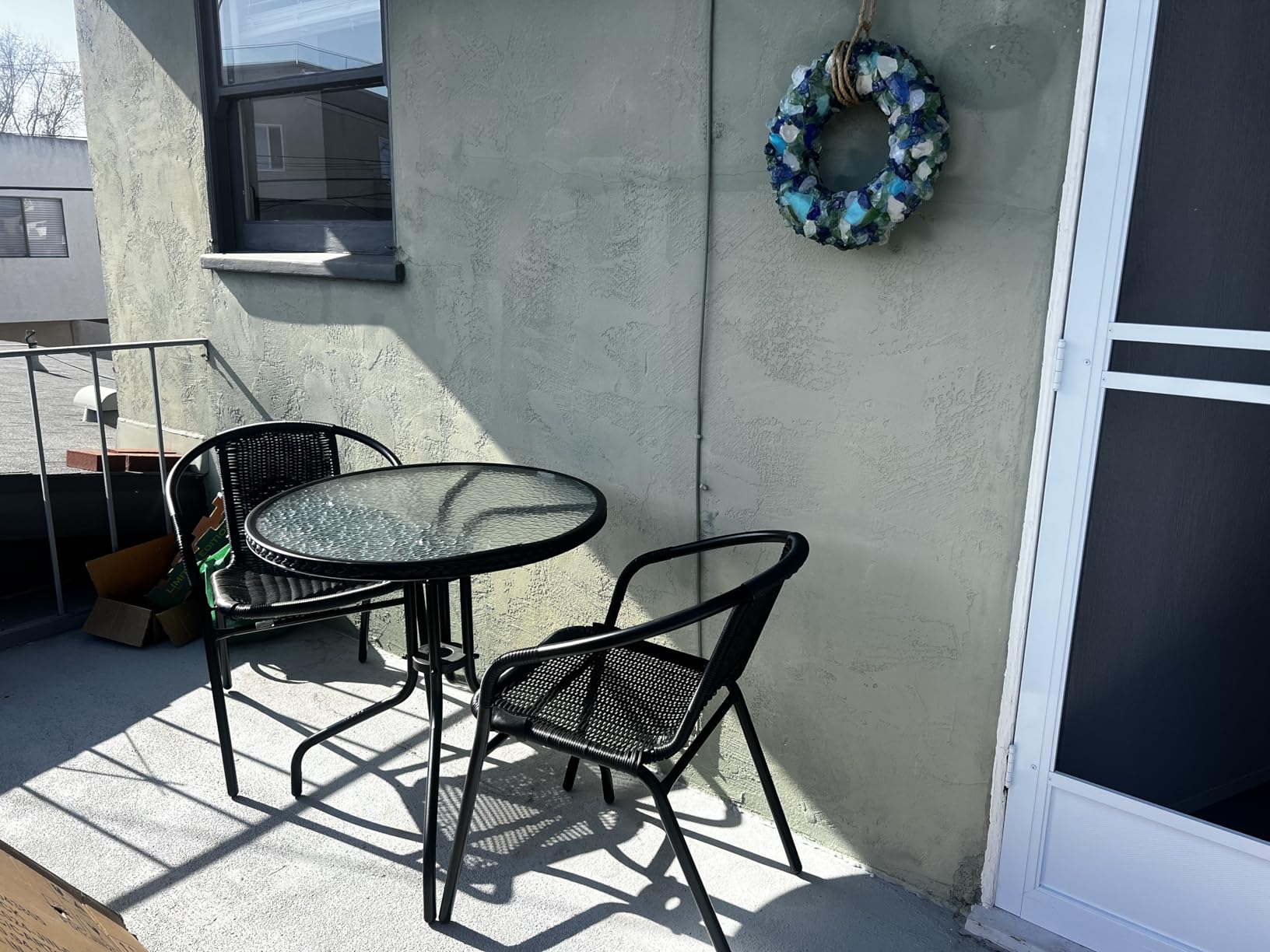 Flash Furniture 3-Piece Patio Dining Set with Round Glass Metal Table and 2 Stackable Rattan Chairs, Indoor/Outdoor Bistro Table and Chairs Set, Gray customer photo 1