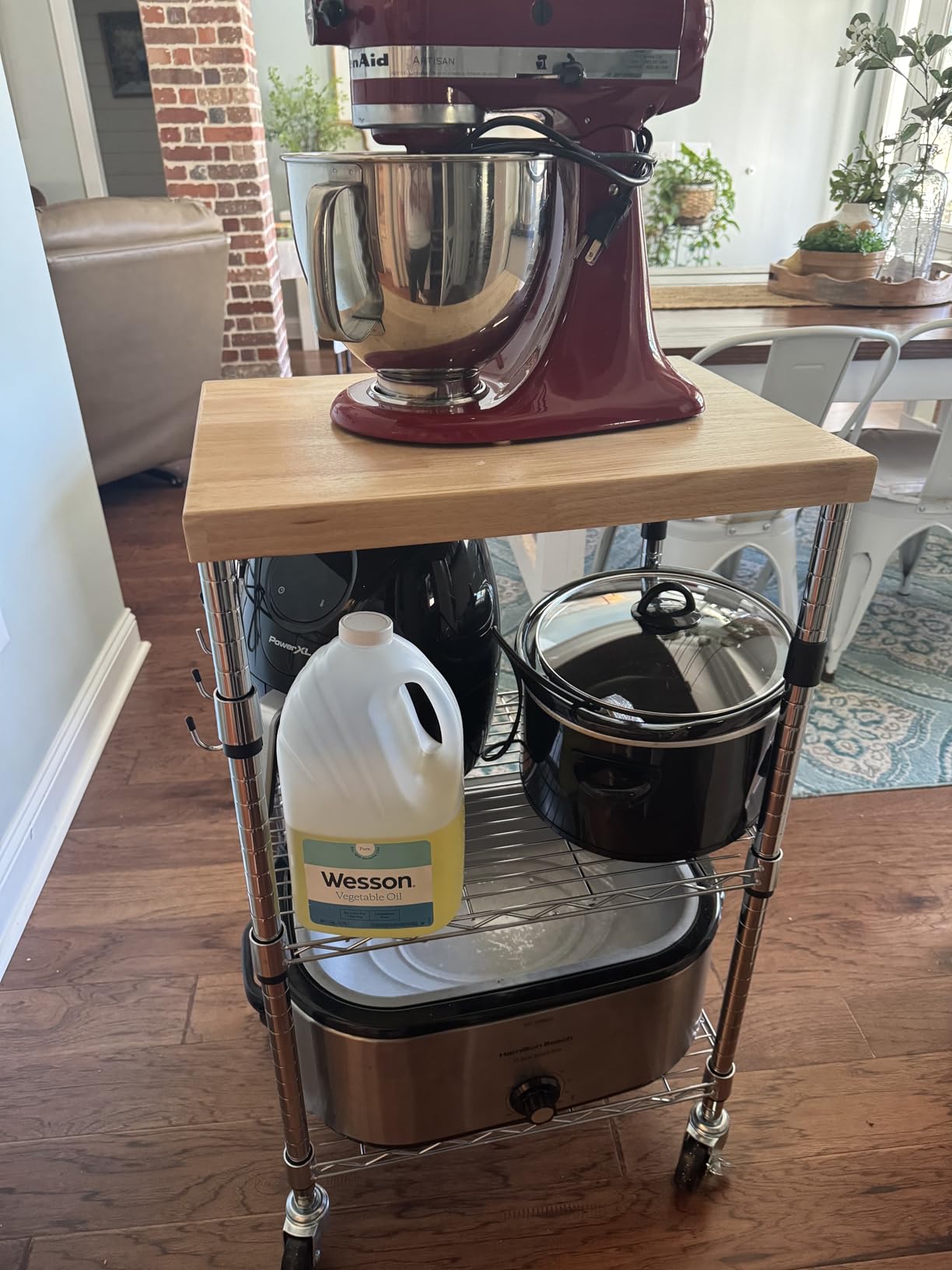 Amazon Basics Portable Kitchen 3-Tier Storage Rack on Caster Wheels with Adjustable 2 Shelves, 175 Pound Capacity, 21 x 15 x 36.7 inches (LxWxH), Wood/Chrome customer photo 2