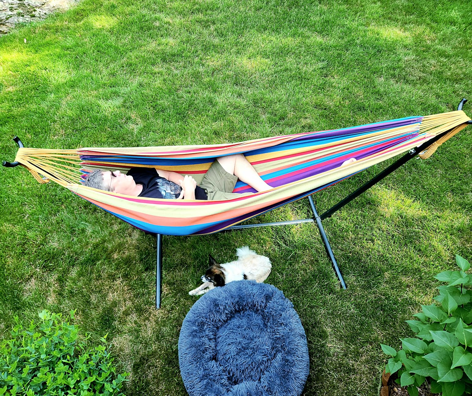 Vivere Double Cotton Hammock with Space Saving Steel Stand, Upgraded Polyester End Strings 450 lb Capacity - Premium Carry Bag Included - USA Grown Cotton (Natural) customer photo 2