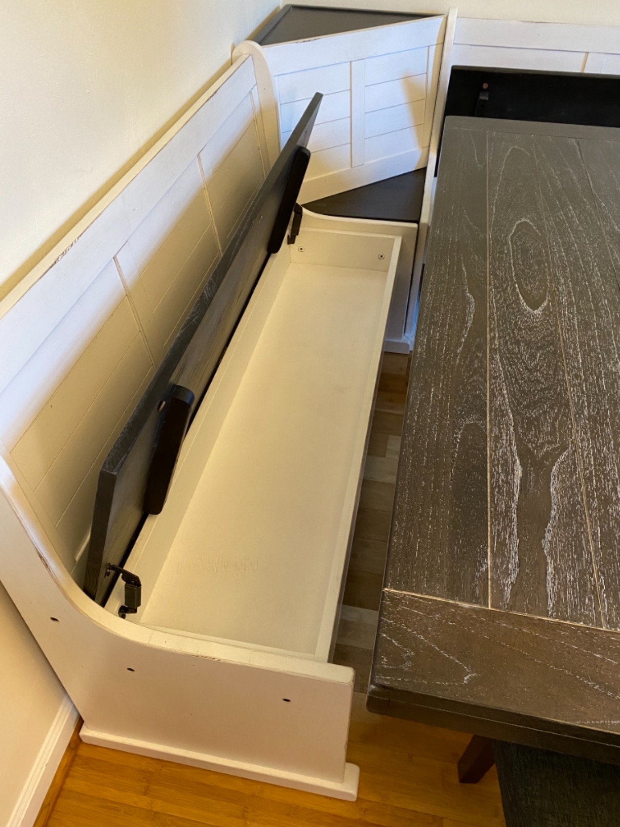 Carriage House Wood Breakfast Nook Set, Off White and Dark Brown Finish, Mahogany Base, Hidden Storage Benches, Reversible Design, Two-Toned European Cottage Style Dining Set for Small Spaces customer photo 1