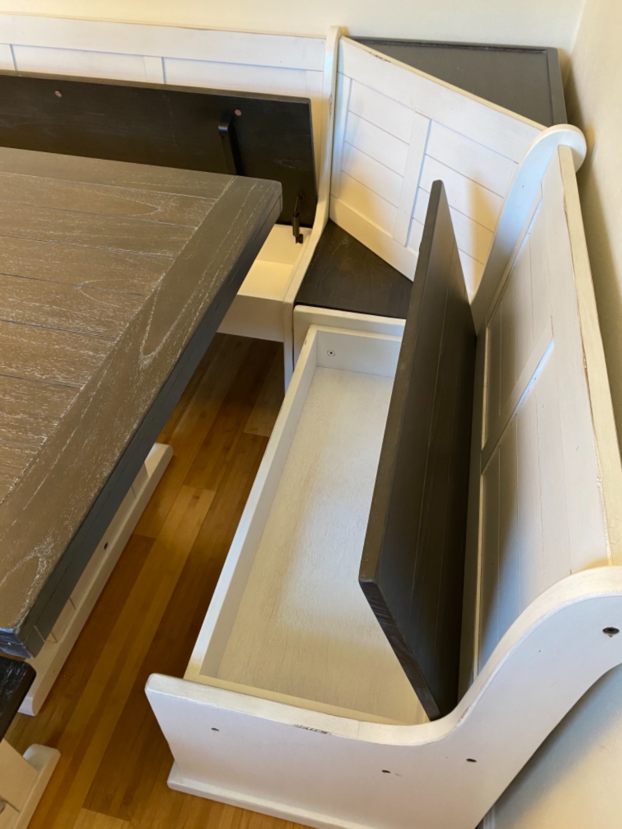 Carriage House Wood Breakfast Nook Set, Off White and Dark Brown Finish, Mahogany Base, Hidden Storage Benches, Reversible Design, Two-Toned European Cottage Style Dining Set for Small Spaces customer photo 2