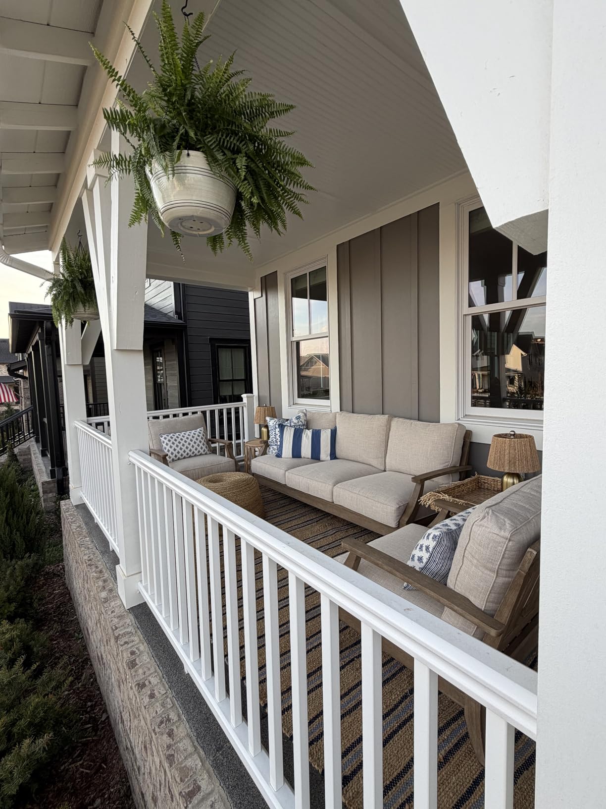 Signature Design by Ashley Clare View Outdoor Patio Sofa, 4 Throw Pillows, Nuvella Weather Resistant Fabric, Eucalyptus Wood, 81