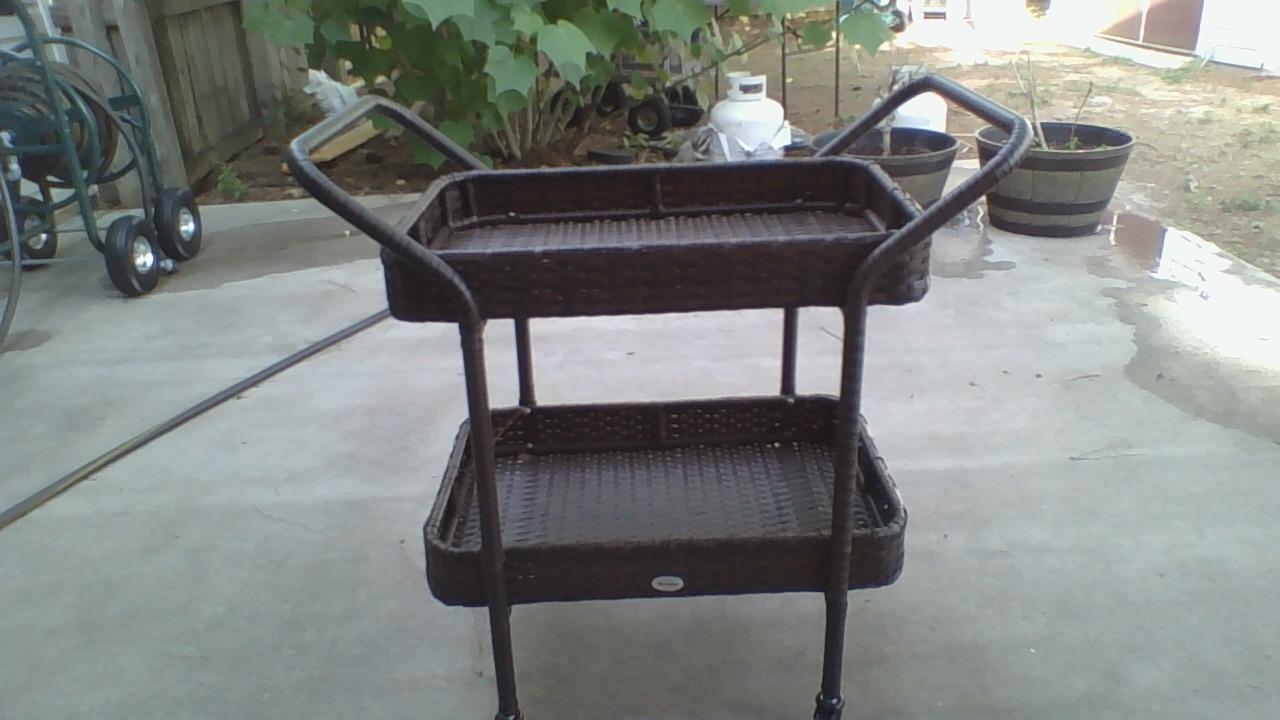 Outsunny PE Rattan Outdoor Bar Table, Outdoor Kitchen Island with 2-Tier Shelf, Wheeled Patio Serving Cart with Brakes for Poolside, Garden, Brown customer photo 1