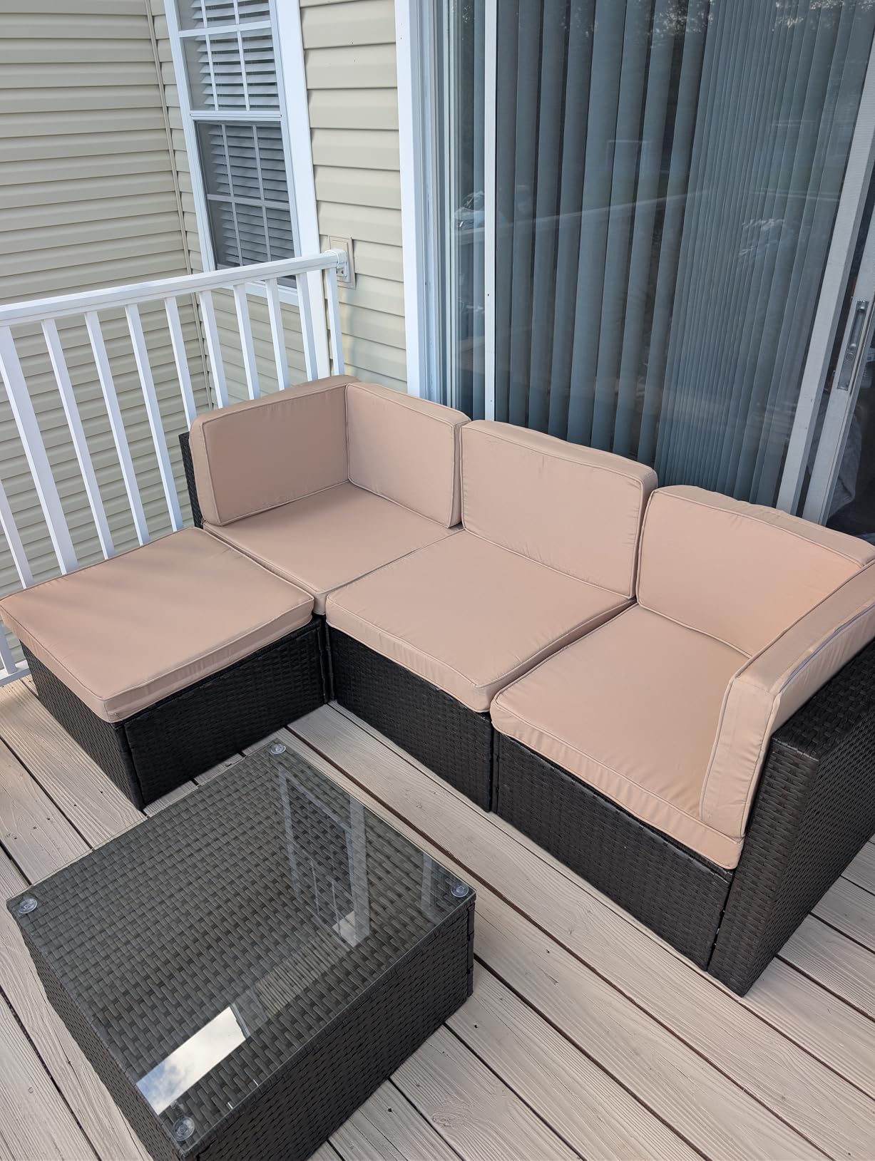 Vongrasig 5 Piece Patio Furniture Sets, Outdoor Patio Set Sectional Sofa, All-Weather PE Rattan Outdoor Couch with Ottoman, Glass Table for Garden, Backyard, Porch, Beige customer photo 2