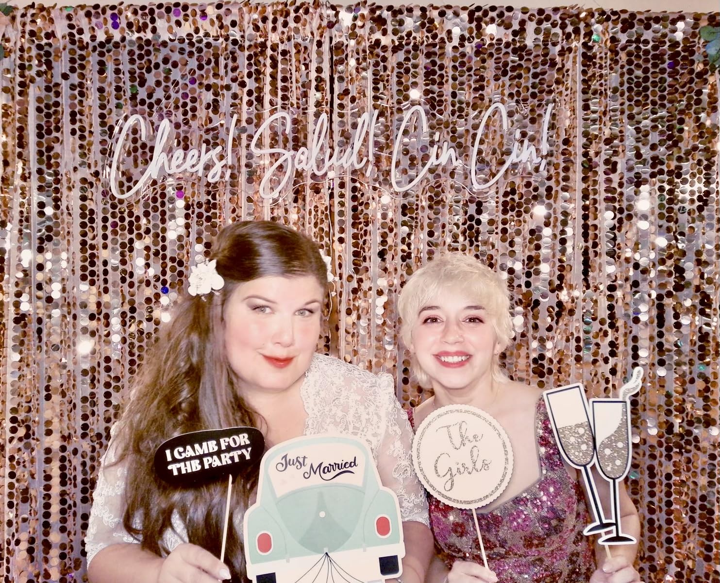 Fully Assembled Wedding Photo Booth Props - Set of 40 - Gold, Pink, Teal, & Silver Selfie Signs - Wedding Party Supplies & Decorations - Cute Designs with Real Glitter - Did We Mention No DIY customer photo 2