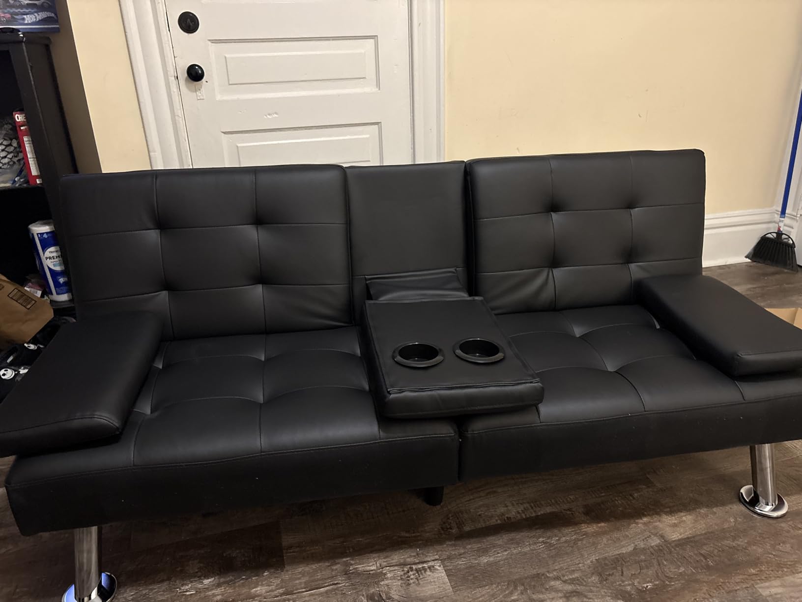 Flamaker Futon Sofa Bed Modern Folding Futon Set Convertible Recliner Lounge for Living Room with 2 Cup Holders, Removable Armrests (PU Leather, Black) customer photo 1