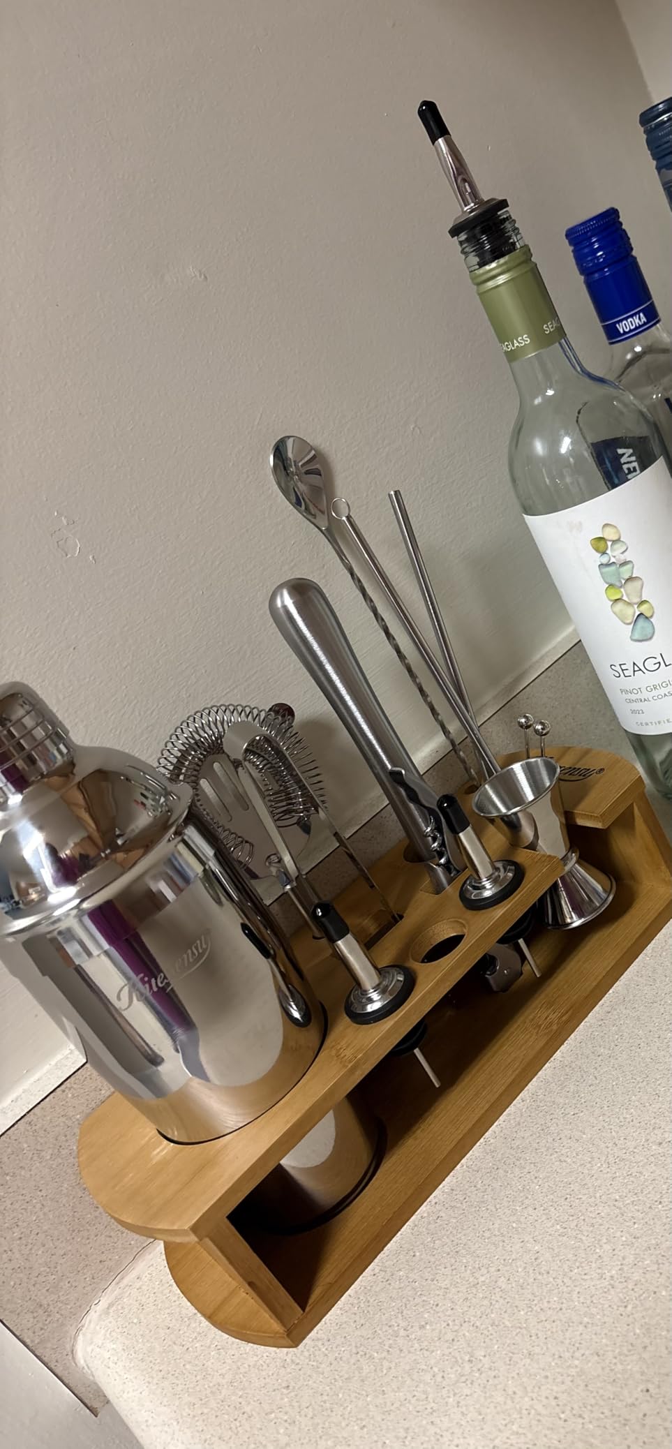 KITESSENSU Cocktail Shaker Set Bartender Kit with Stand | Bar Set Drink Mixer Set with All Essential Accessory Tools: Martini Shaker, Jigger, Strainer, Mixer Spoon, Muddler, Liquor Pourers | Silver customer photo 1