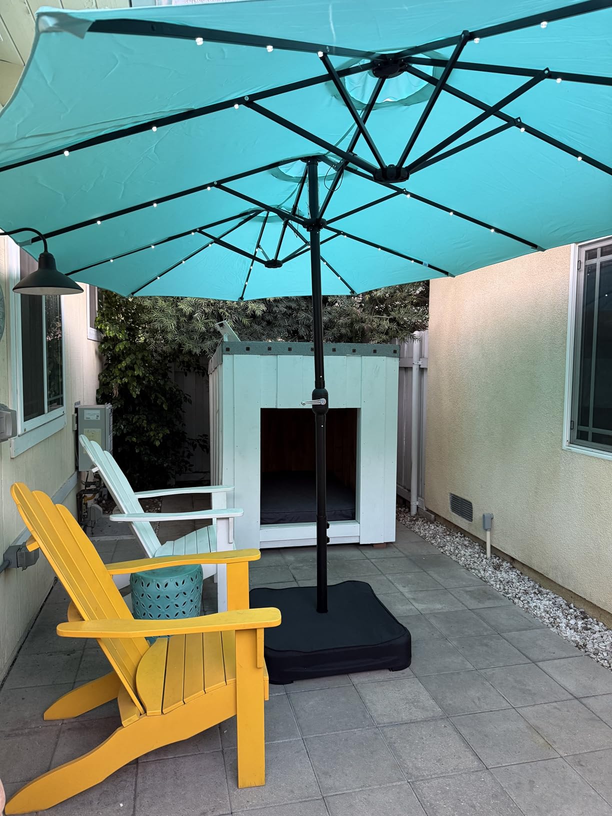 MFSTUDIO 15ft Double Sided Patio Umbrella with Solar Lights, Outdoor Large Umbrellas with Crank Handle and 36 LED Lights, Rectangular Market Umbrella with Base Included for Deck Pool Shade, Beige customer photo 1