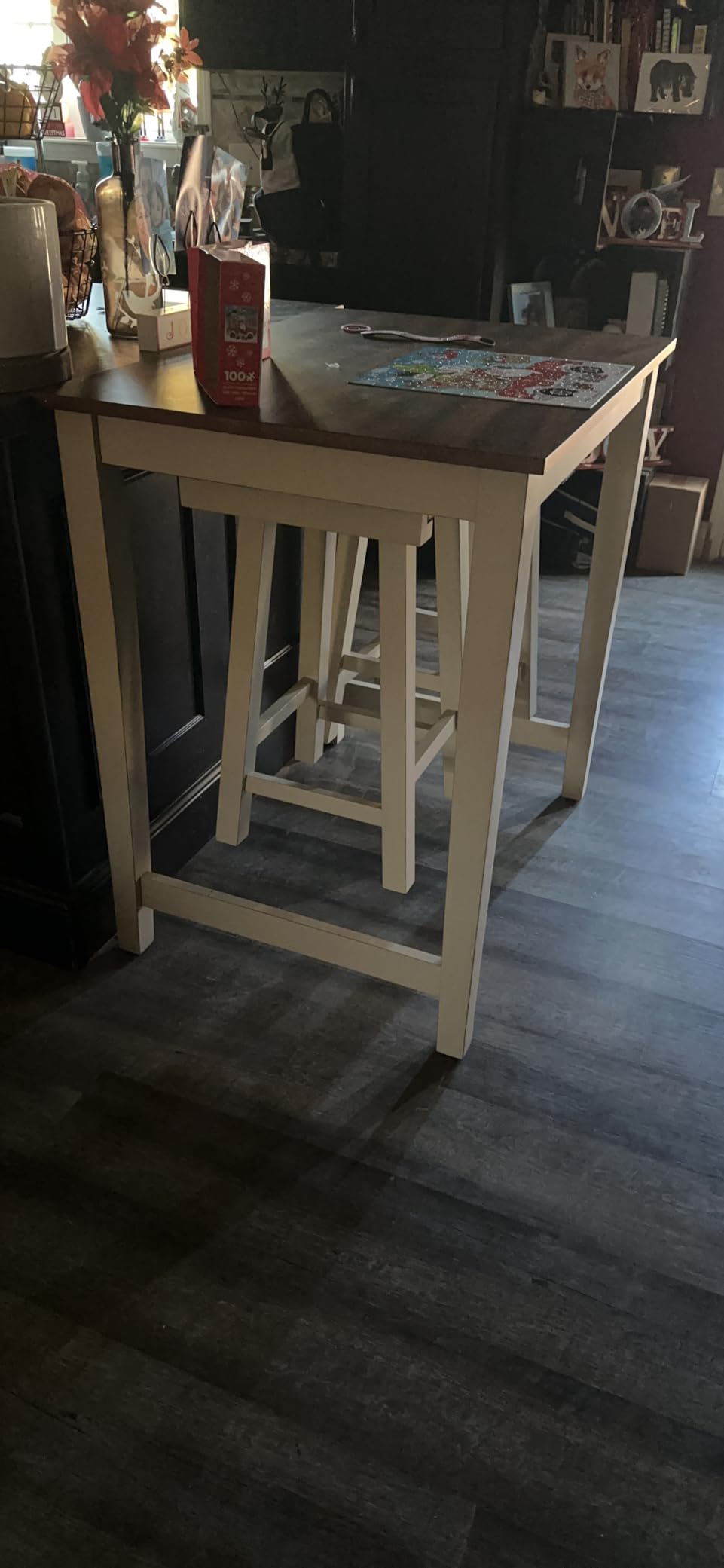 Giantex 3 Piece Pub Dining Set, Counter Height Pub Table with 2 Saddle Bar Stools, Tavern Collection Table Set for Living Room, Kitchen, Small Space (Brown & Milky White) customer photo 2