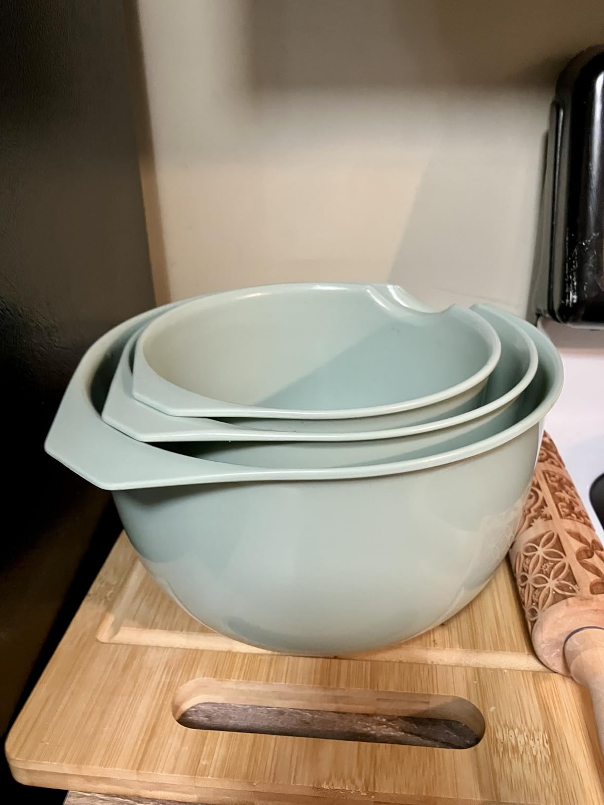 Glad Mixing Bowls with Pour Spout, Set of 3 | Nesting Design Saves Space | Non-Slip, BPA Free, Dishwasher Safe Plastic | Kitchen Cooking and Baking Supplies, Sage Green customer photo 1