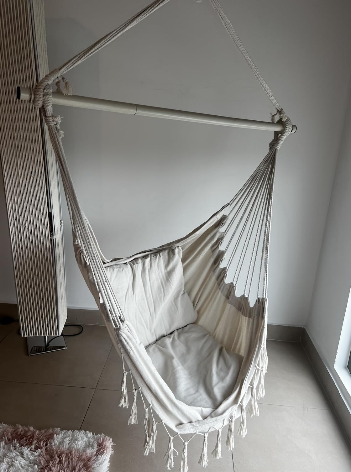 Y- STOP Hammock Chair Hanging Rope Swing Chair, Max 500 Lbs, 2 Seat Cushions Included, Removable Steel Spreader Bar with Anti-Slip Rings, Hardware kit-for Indoor Outdoor(Dark Grey) customer photo 2