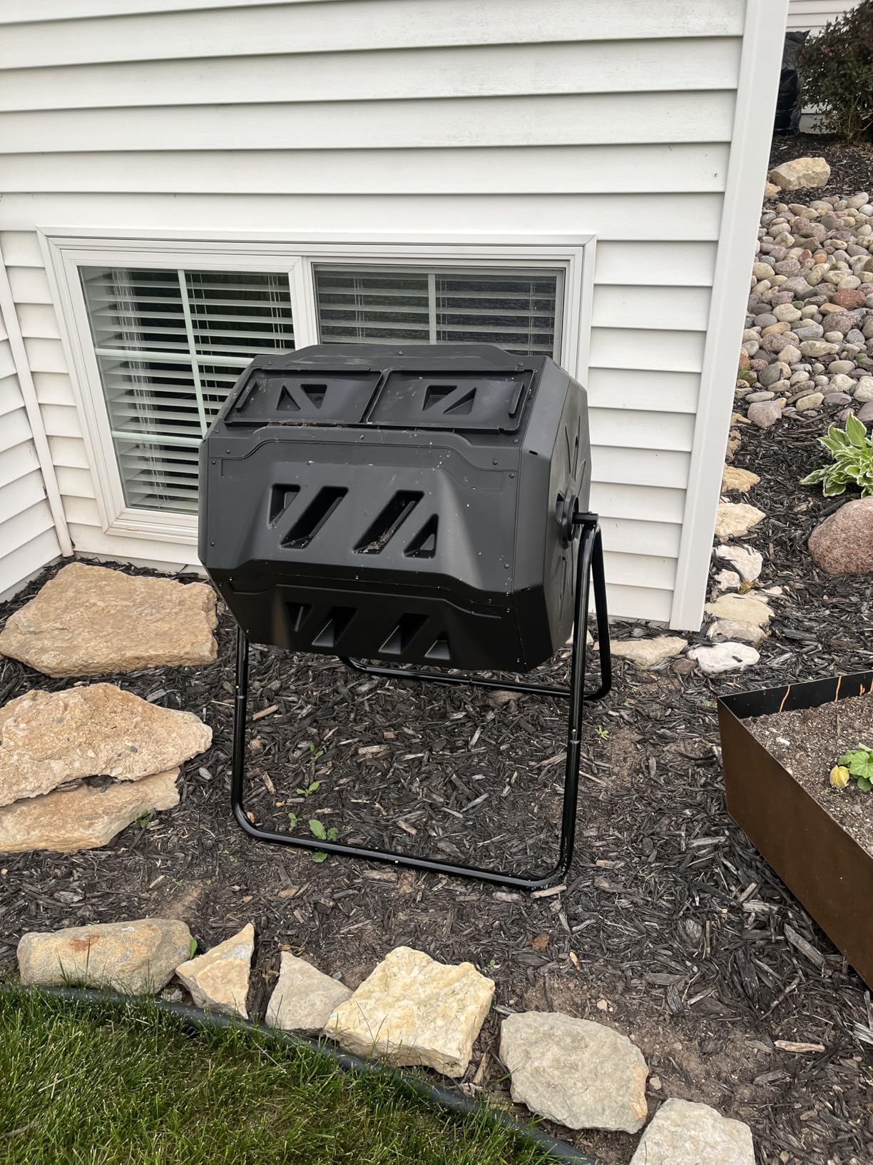 F2C Compost Bin Outdoor 43 Gallon Garden Dual Chamber Composter Bin - Bundled with Pearson's Gardening Gloves, BPA Free, Heavy-Duty Steel Frame, Rotating Tumbler with Sliding Doors -Black customer photo 1