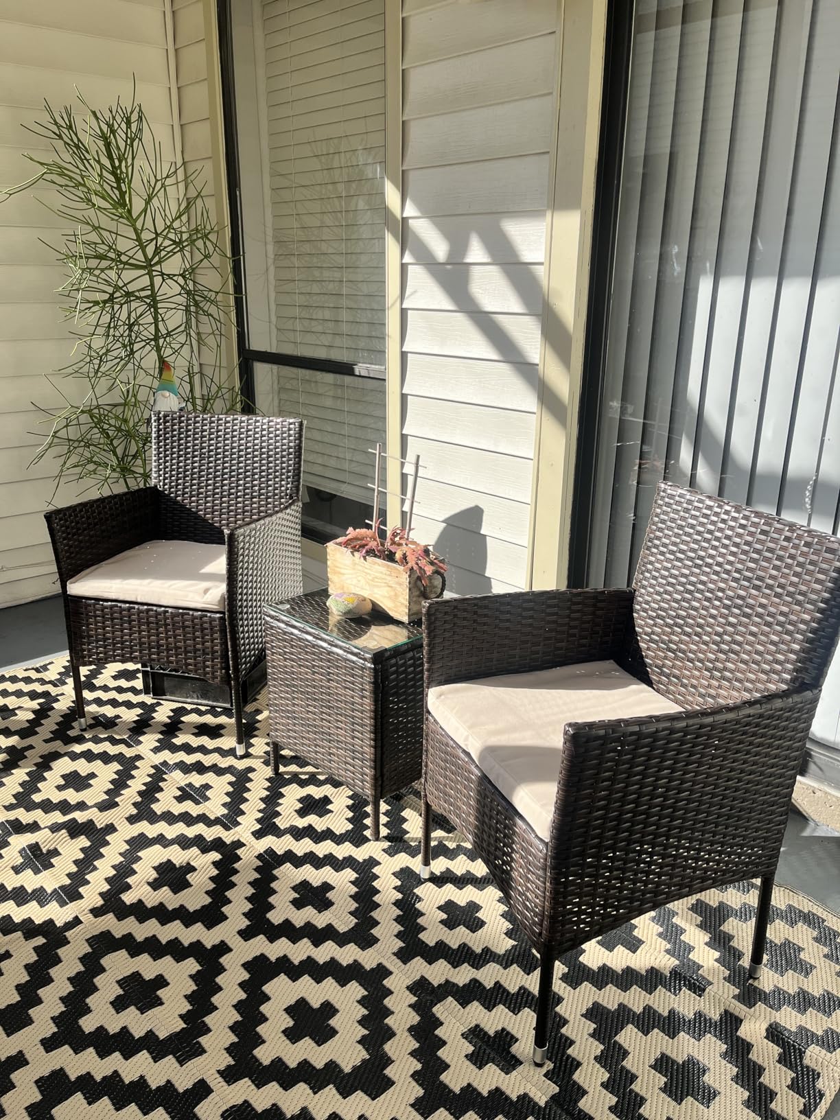 Greesum 3 Pieces Patio Furniture Sets Outdoor PE Rattan Wicker Chairs with Soft Cushion and Glass Coffee Table for Garden Backyard Porch Poolside, Brown and Beige customer photo 1