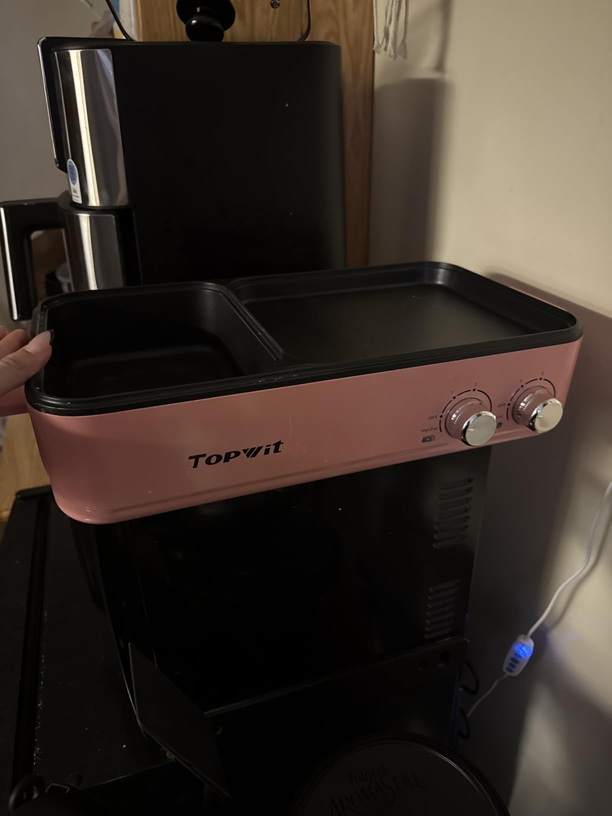 Topwit Hot Pot Electric with Grill, 2 in 1 Indoor Non-stick for Steaks, Shabu Shabu, Noodles, Simmer and Fry, Korean BBQ Grill, Independent Dual Temperature Control, Pink customer photo 1