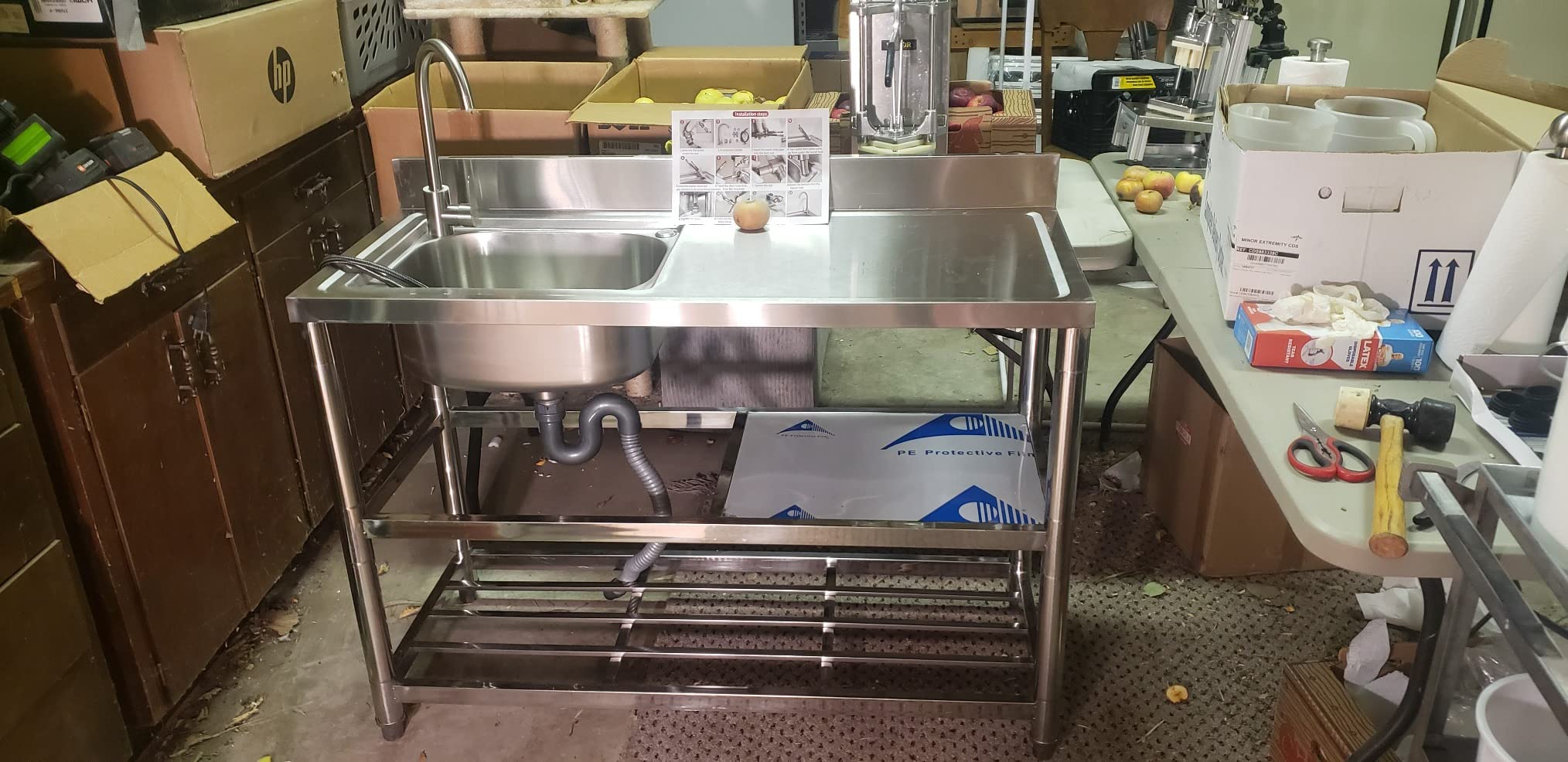Free Standing Stainless-Steel Single Bowl Commercial Restaurant Kitchen Sink Set w/Faucet & Drainboard, Prep & Utility Washing Hand Basin w/Workbench & Double Storage Shelves Indoor Outdoor (47in) customer photo 2