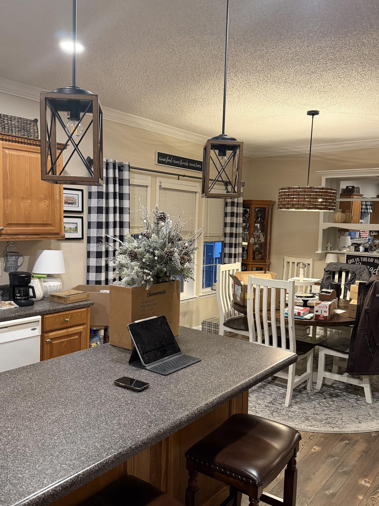 DEWENWILS 2 Pack Farmhouse Pendant Light, Metal Hanging Light Fixture with Wooden Grain Finish, 48 Inch Adjustable Pipes for Flat and Slop Ceiling, Kitchen Island, Bedroom, Dining Hall, ETL Listed customer photo 1