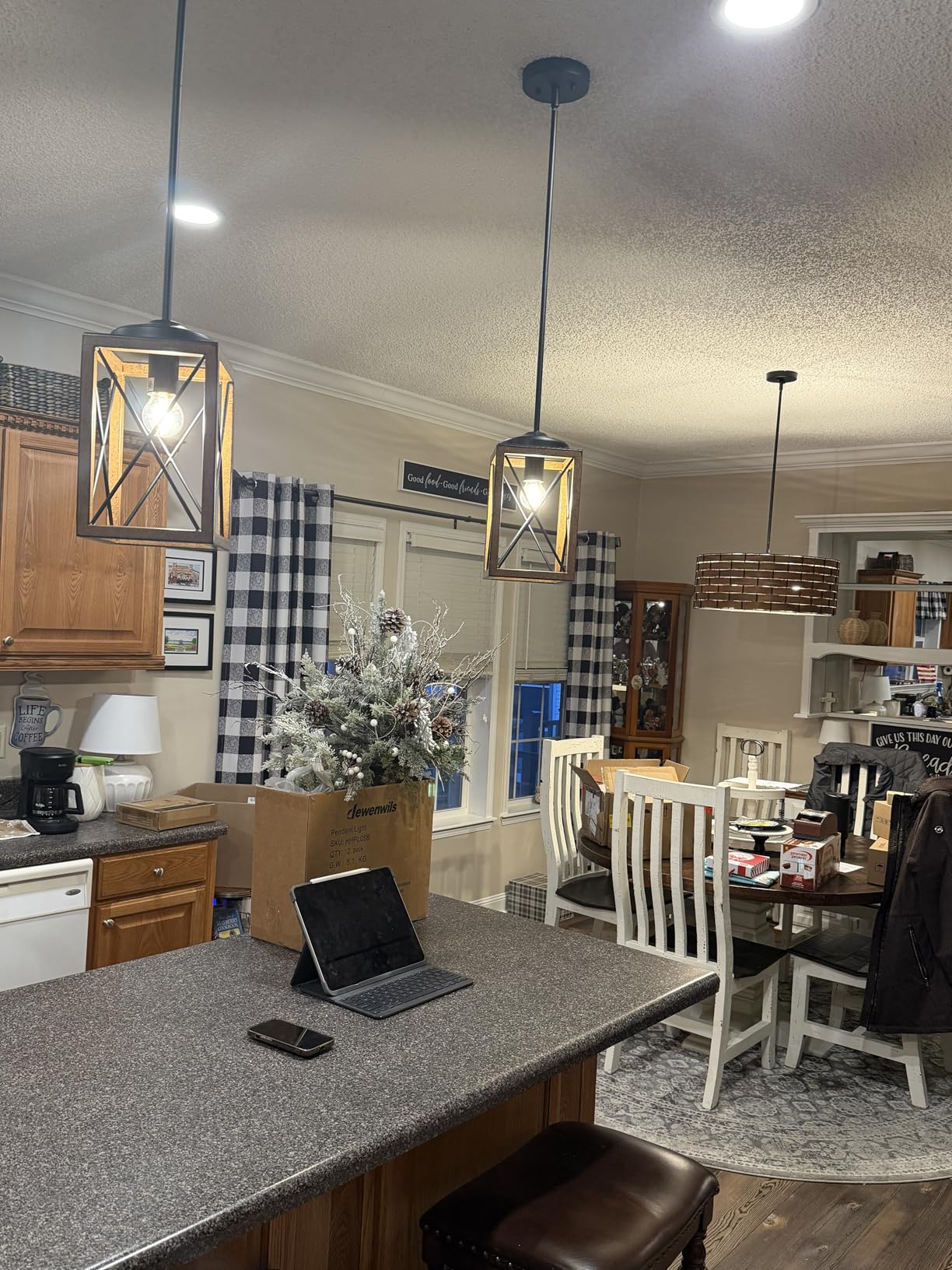 DEWENWILS 2 Pack Farmhouse Pendant Light, Metal Hanging Light Fixture with Wooden Grain Finish, 48 Inch Adjustable Pipes for Flat and Slop Ceiling, Kitchen Island, Bedroom, Dining Hall, ETL Listed customer photo 2