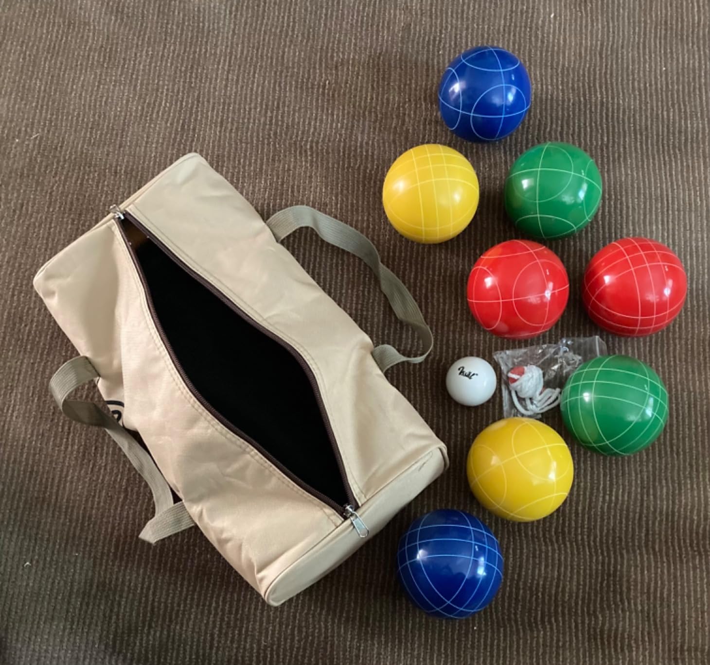 100mm Bocce Ball Set Regulation Size and Weight with 8 Resin Bochie Balls, Pallino, Carrying Bag, Measuring Rope, Gift for Family Backyard Lawn Yard Beach Bocci Games (Multi Colors, 2-8 Players) customer photo 1