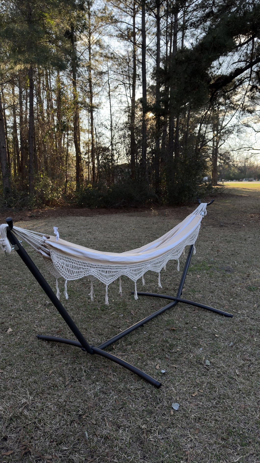 Amazon Basics Double Hammock with 9-Foot Space Saving Steel Stand and Carrying Case, 2 Person, 450 lb Capacity, Sunset Orange Stripe, 110