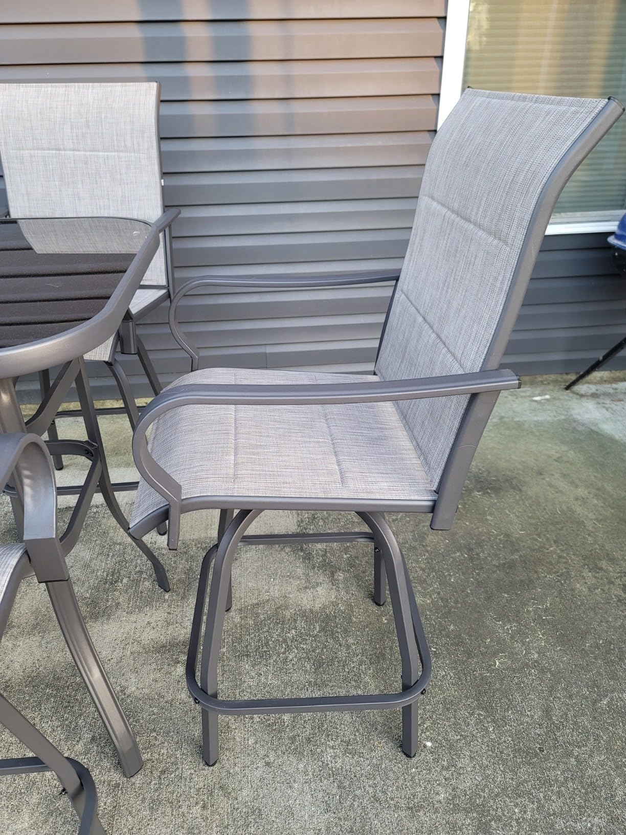 Vongrasig 3 Piece Patio Swivel Bar Set, All Weather Mental Textilene High Swivel Stools Chair Set of 2 and Glass Bar Table, Outdoor High Top Bistro Set for Lawn Garden, Balcony, Taupe customer photo 1