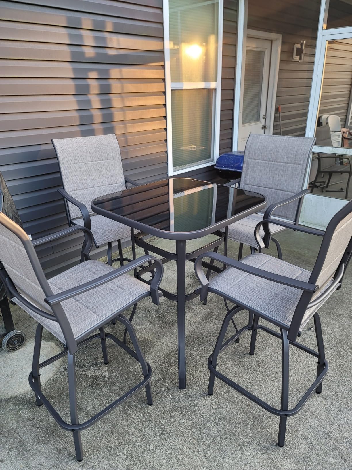 Vongrasig 3 Piece Patio Swivel Bar Set, All Weather Mental Textilene High Swivel Stools Chair Set of 2 and Glass Bar Table, Outdoor High Top Bistro Set for Lawn Garden, Balcony, Taupe customer photo 2
