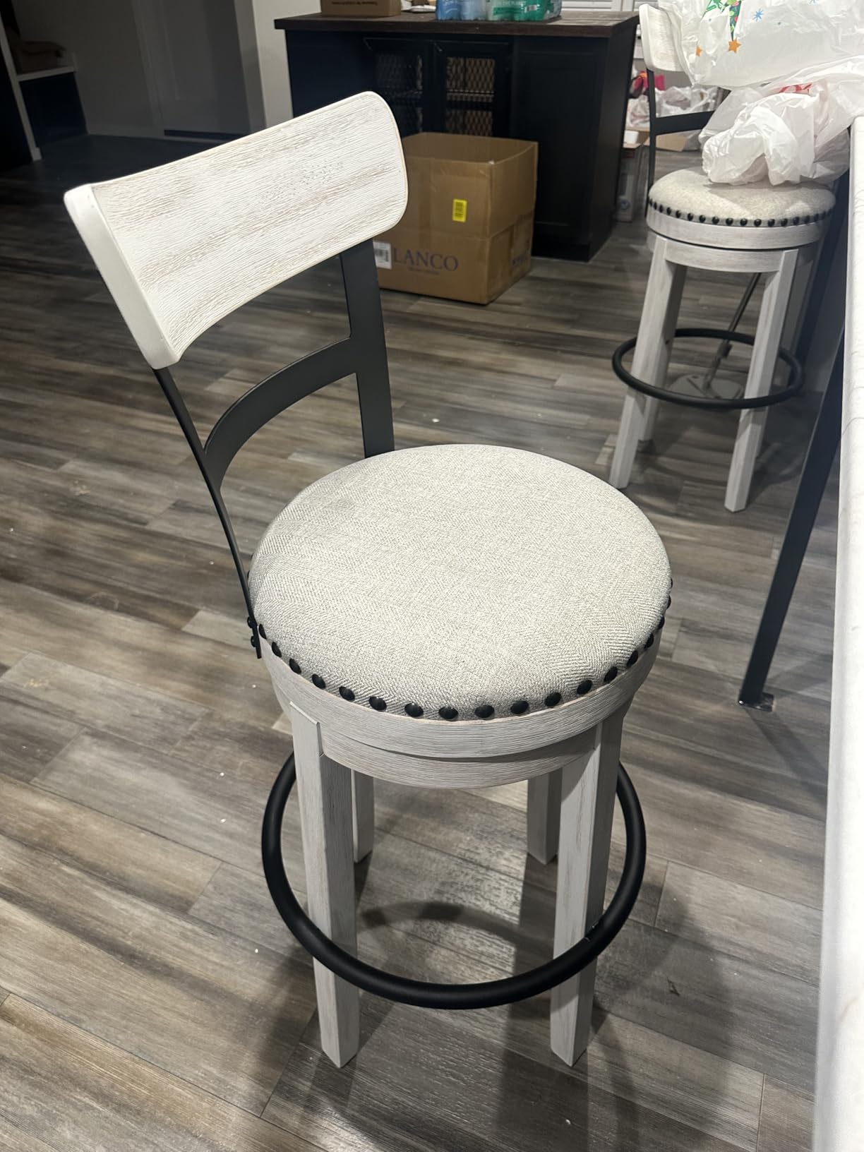 Signature Design by Ashley Valebeck Faux Leather Upholstered Swivel Barstool, Nailhead Trim, Solid Wood, 16.75
