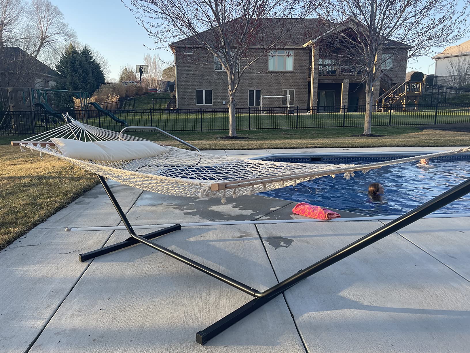 SUNCREAT Double Outdoor Hammock with Stand, Two Person Cotton Rope Hammock with Polyester Pad, Dark Gray customer photo 2