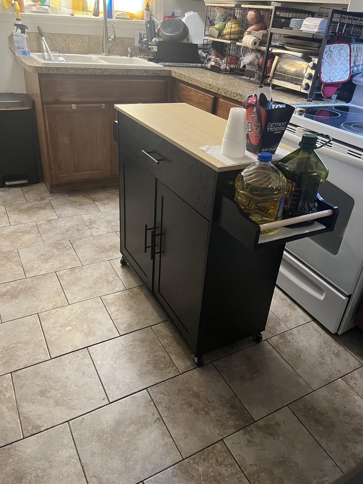 IRONCK Rolling Kitchen Island Table on Wheels with Drop Leaf, Storage Cabinet, Drawer, Spice/Towel Rack, 47.25