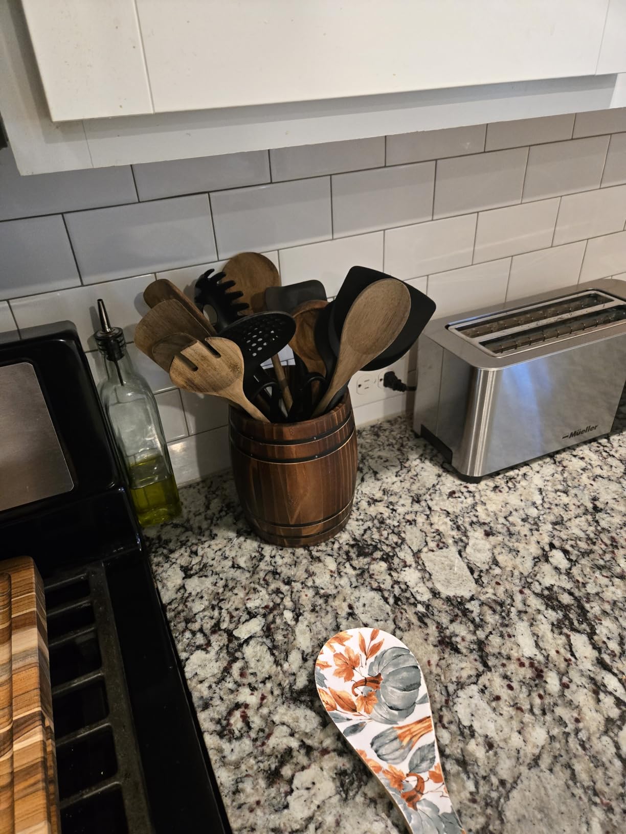 MyGift Wine Barrel Design Kitchen Utensil Crock, Vintage Rustic Burnt Wood Cooking Tool Holder customer photo 1