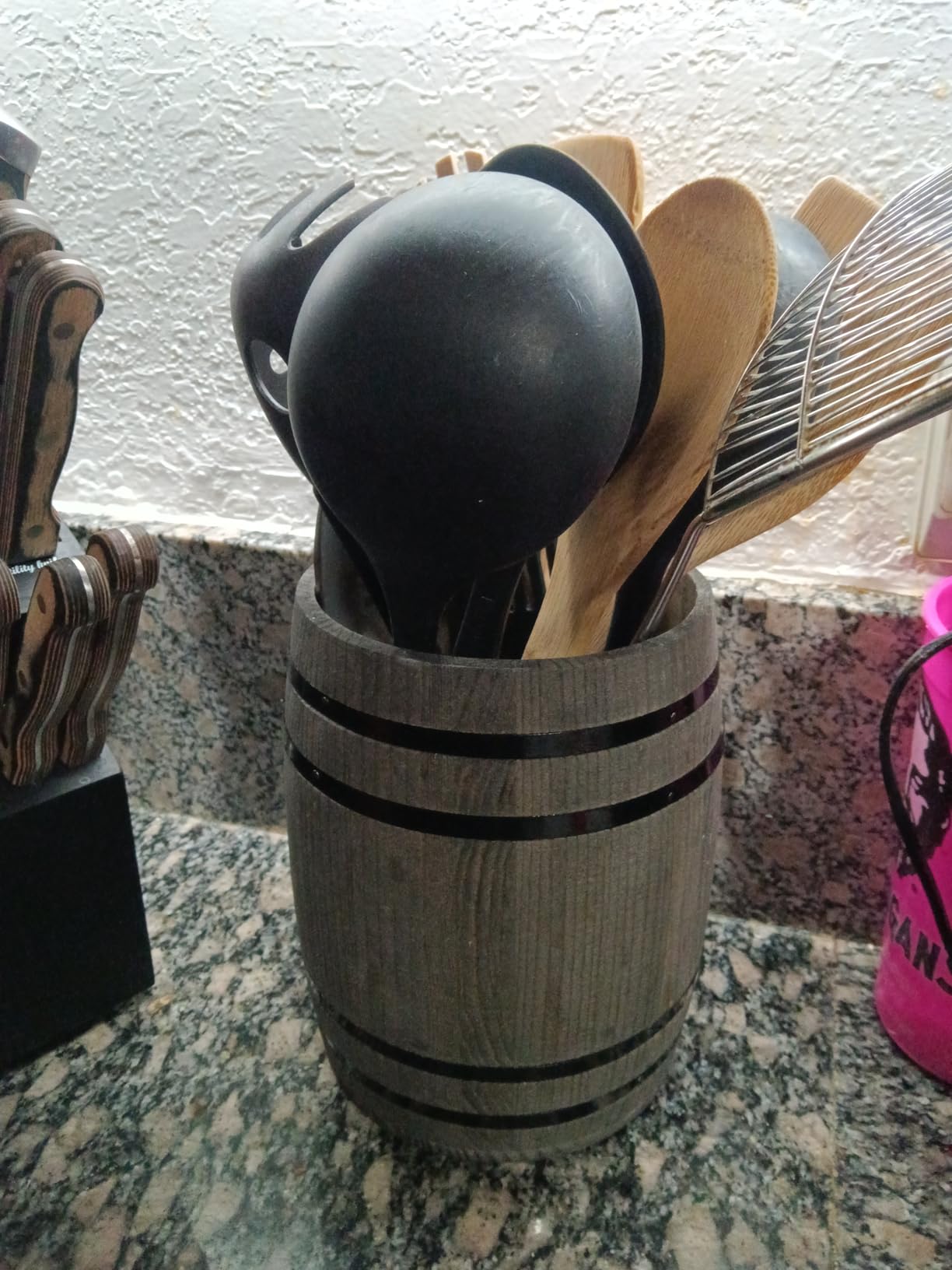 MyGift Wine Barrel Design Kitchen Utensil Crock, Vintage Rustic Burnt Wood Cooking Tool Holder customer photo 2