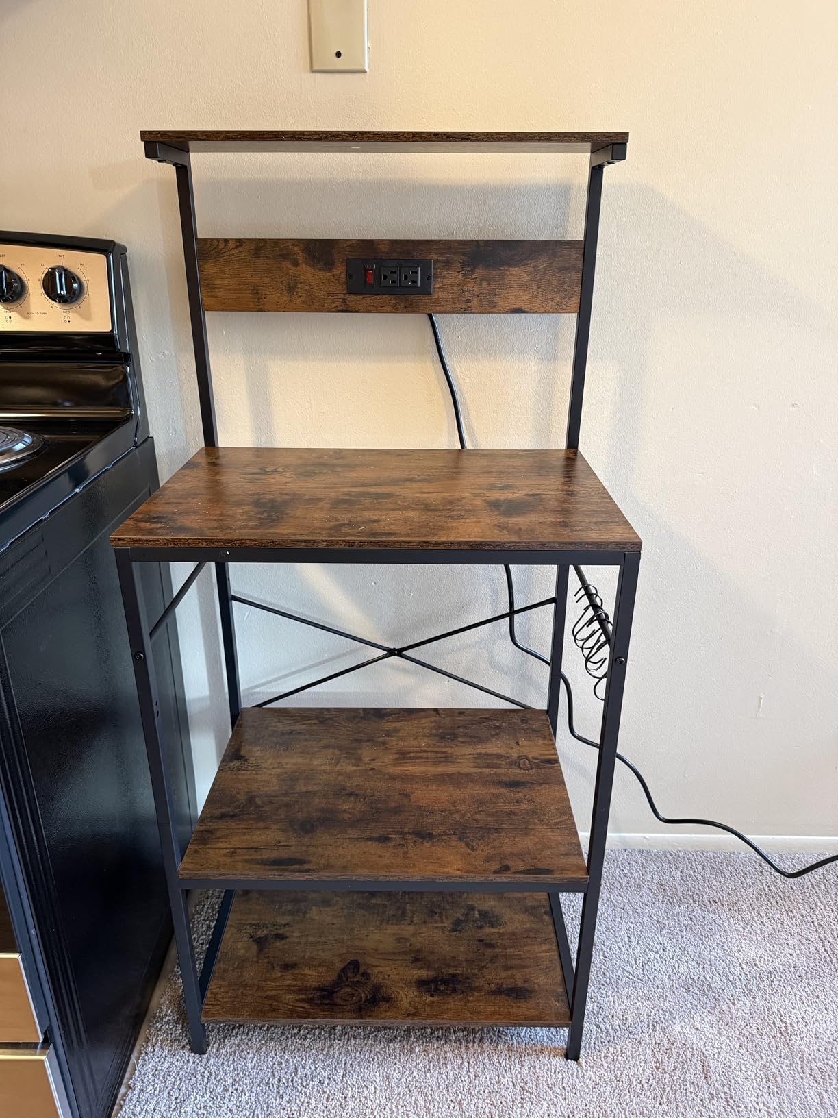 SUPERJARE Kitchen Bakers Rack with Power Outlet, Coffee Bar Table 4 Tiers, Kitchen Microwave Stand with 6 S-Shaped Hooks, Storage Shelf Rack for Spices, Pots and Pans - Rustic Brown customer photo 1