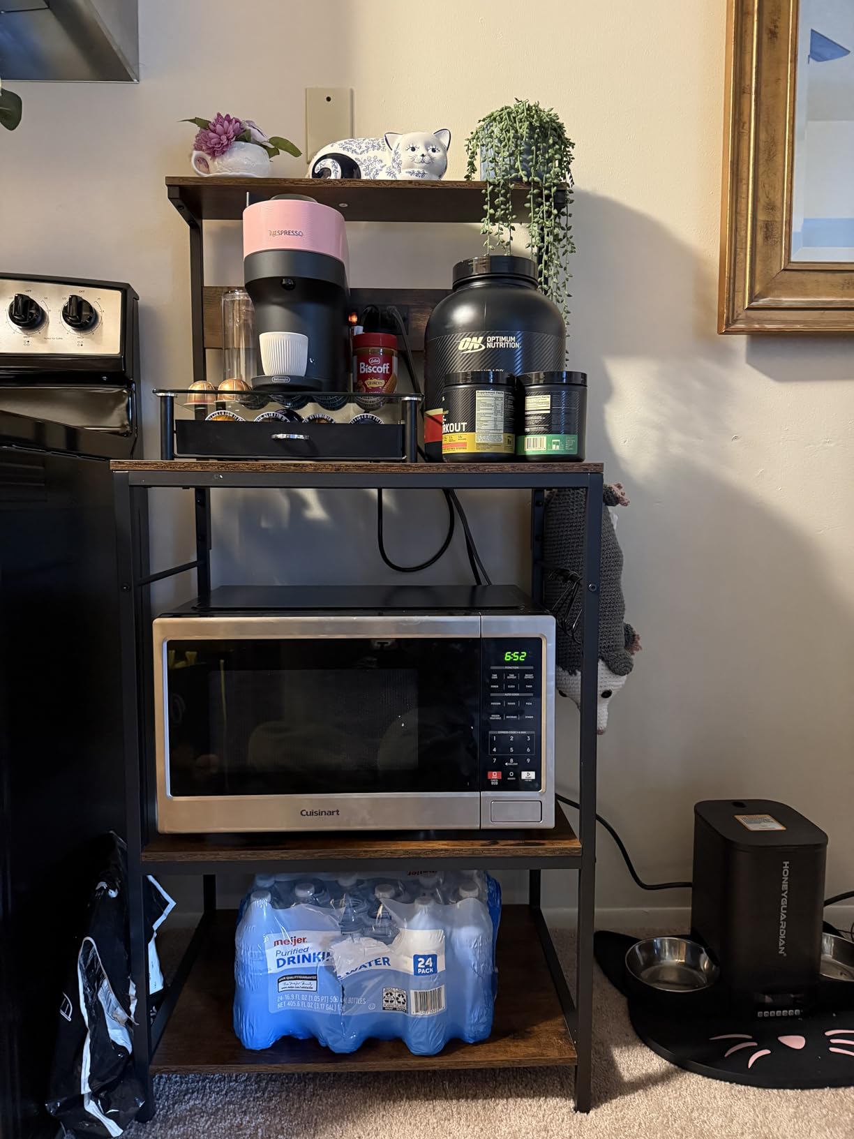 SUPERJARE Kitchen Bakers Rack with Power Outlet, Coffee Bar Table 4 Tiers, Kitchen Microwave Stand with 6 S-Shaped Hooks, Storage Shelf Rack for Spices, Pots and Pans - Rustic Brown customer photo 2