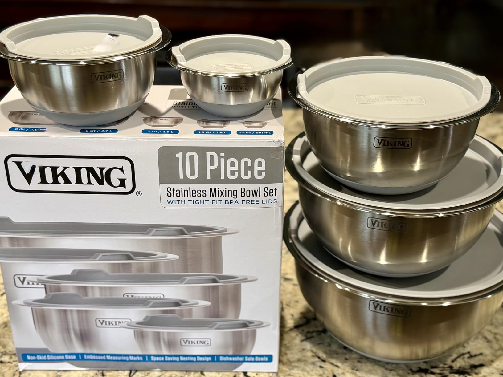 Viking Mixing Bowls Set, 10 Piece Stainless Steel Kitchen Cookware, Non-Slip Silicone Base, Includes Tight Fit Lids, Dishwasher Safe, Black customer photo 1