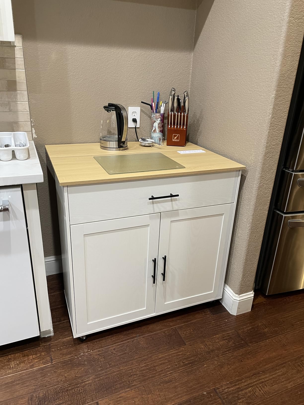 IRONCK Kitchen Island with Storage, Rolling Kitchen Island on Wheels with Drop Leaf, Charging Station, 3 Open Spice Rack, Cabinet, Drawer customer photo 1