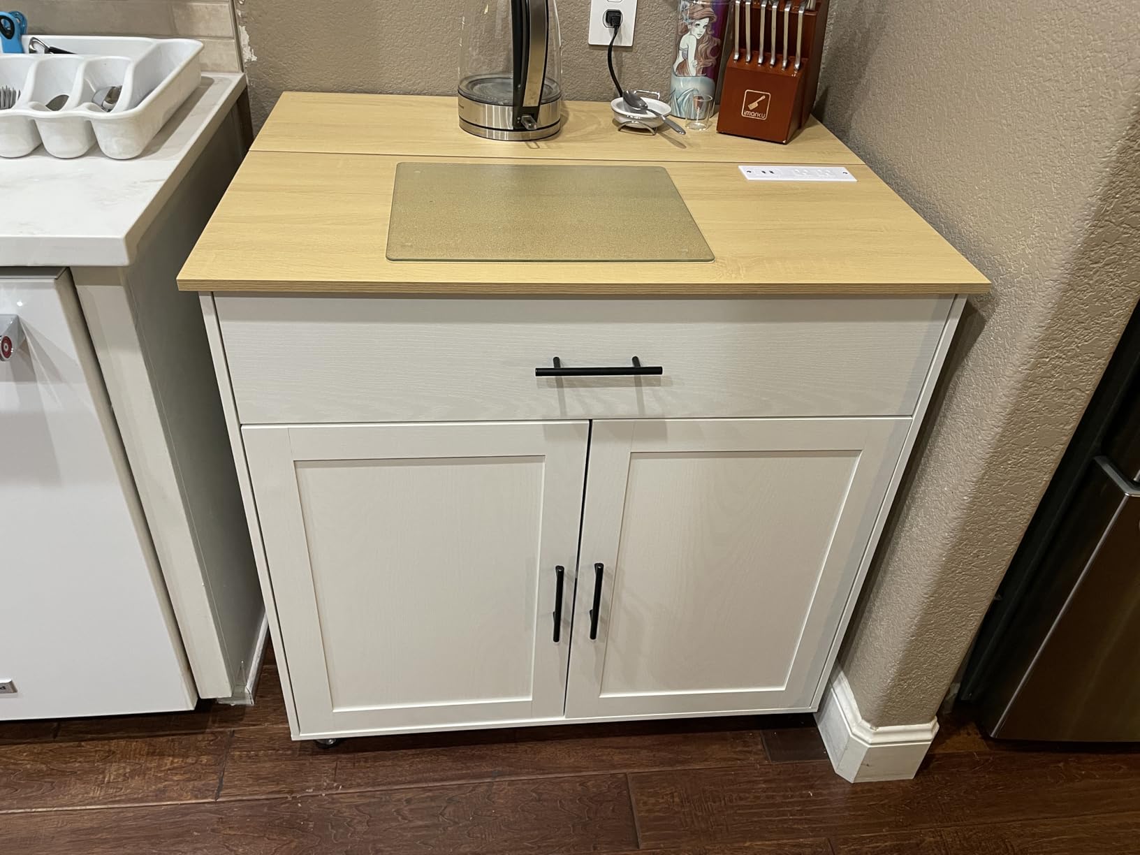 IRONCK Kitchen Island with Storage, Rolling Kitchen Island on Wheels with Drop Leaf, Charging Station, 3 Open Spice Rack, Cabinet, Drawer customer photo 2