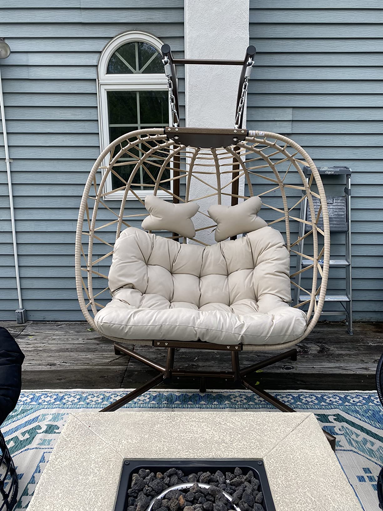RADIATA Outdoor Swing Egg Chair with Stand, 350Lbs Heavy-Duty Wicker Egg Hanging Patio Chairs for Outside, Comfy Porch Swinging Chair with Thick Cushion Balcony Backyard Bedroom Indoor, Beige customer photo 2
