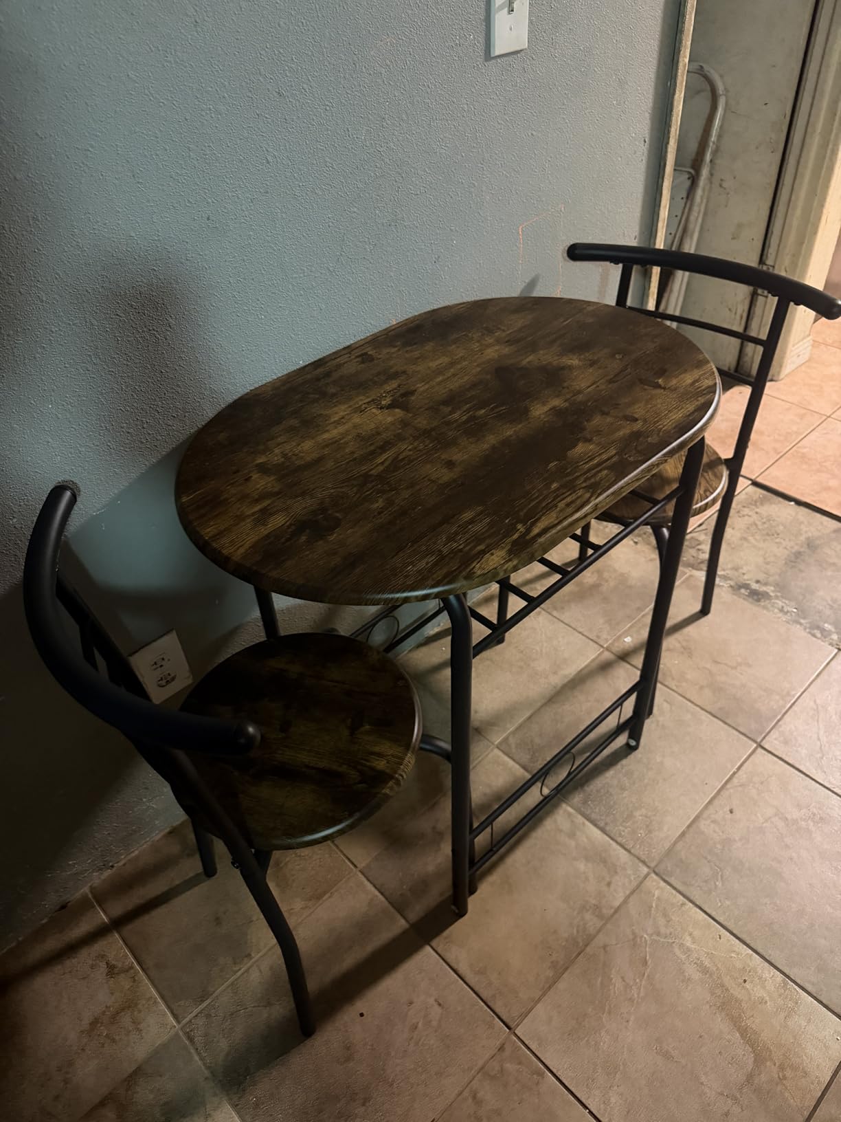 JUMMICO 3-Piece Wooden Round Table & Chair Set, Space Saving Kitchen Breakfast Nook Wood Grain Tabletop with Metal Frame and Built-in Wine Rack for Kitchen, Dining Room (Walnut/Black) customer photo 2