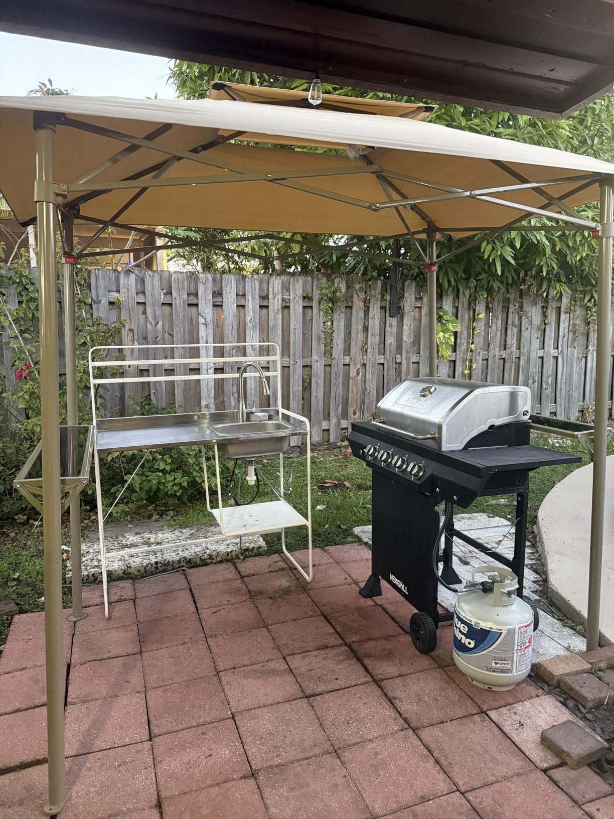 Crown Shades 8x5 Grill Gazebo - Pop Up Canopy for BBQ and Backyard Patio - Easy Outdoor Barbecue Shade Cover with Double Tier Vented Top & 2 Side Shelves (Beige) customer photo 1