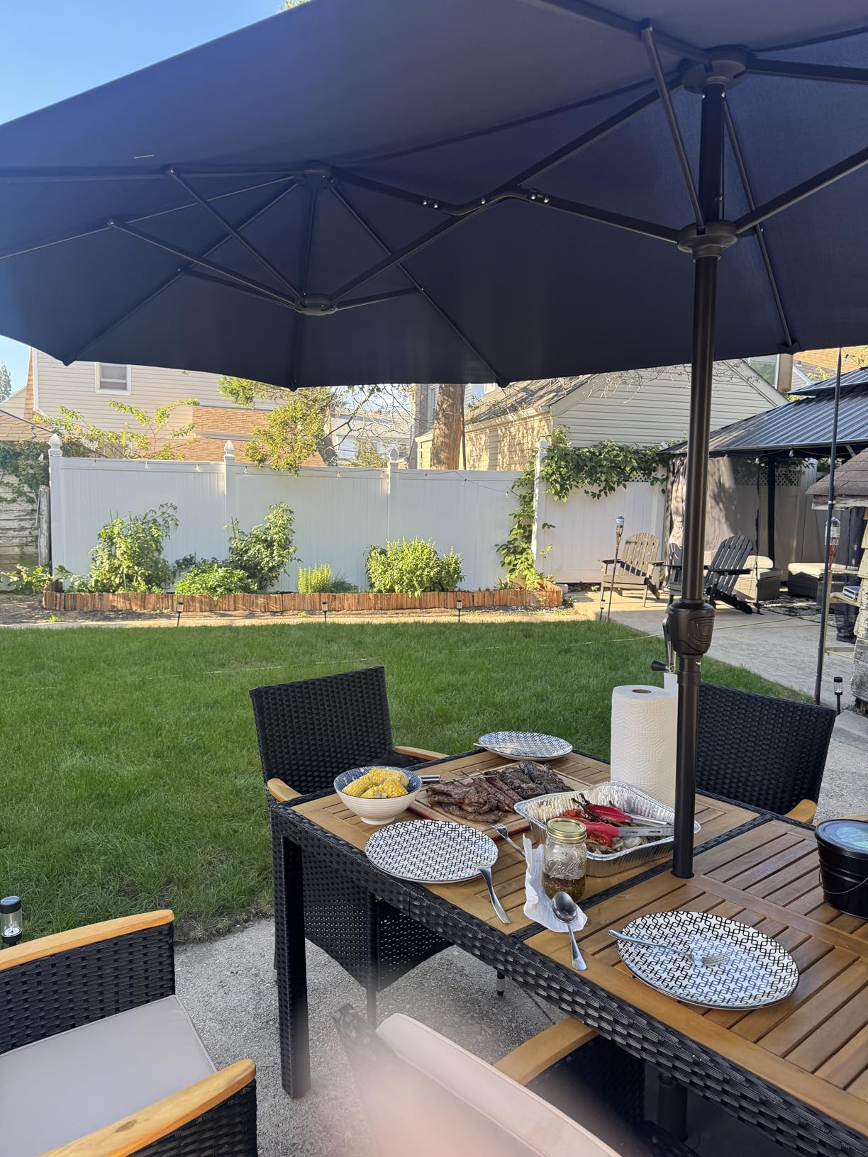 Devoko Dining 7 PCS Furniture, Patio Conversation Set with Acacia Wood Table Top, Outdoor, Beige Cushion and Black Rattan customer photo 1