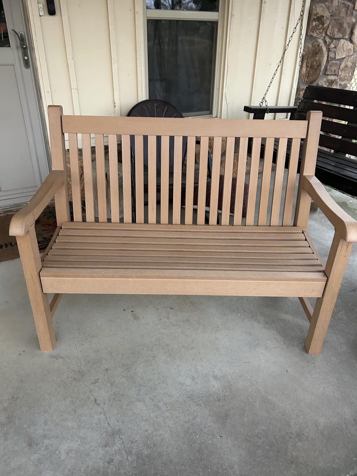 Psilvam 2-Person Poly Lumber Outdoor Bench with 700 Lbs Weight Capacity - Weatherproof Garden Seating for, Balcony Porch & Park, All-Weather Fade-Resistant Patio Furniture (Teak Color) customer photo 1
