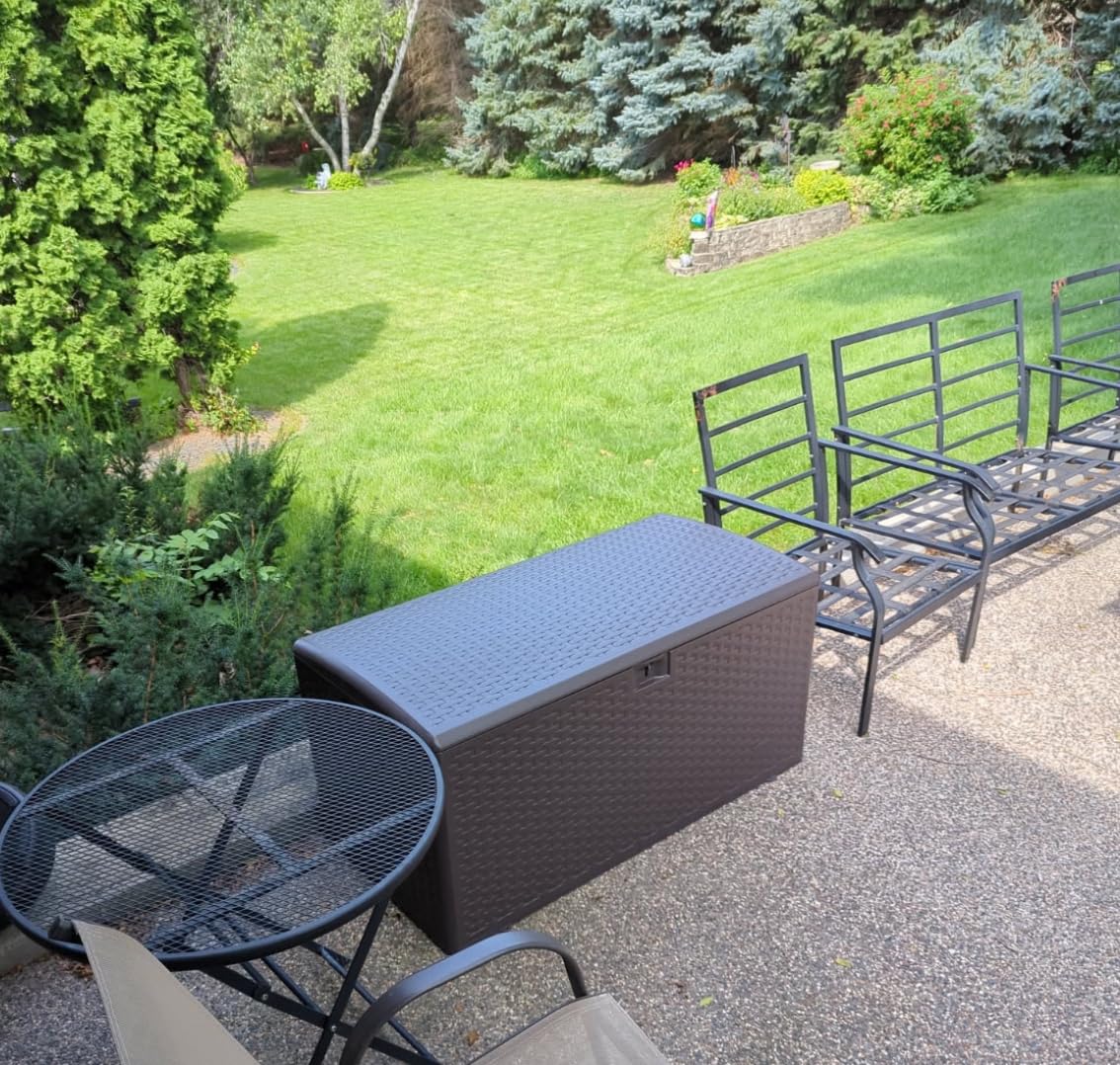 Amazon Basics Outdoor Storage Deck Box, Lockable, Weather-Resistant, 99 Gallon, Brown, for Patio Cushions, Gardening Tools, Pool Accessories customer photo 2