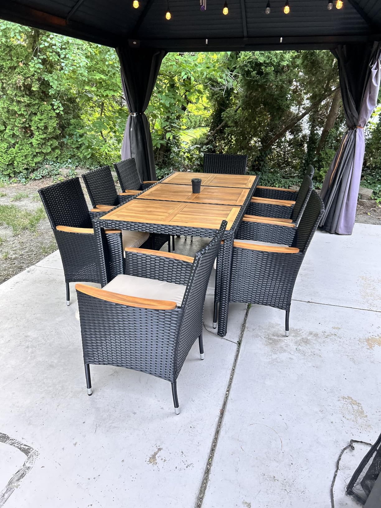 Flamaker 7 Piece Patio Dining Set Outdoor Acacia Wood Table and Chairs with Soft Cushions Wicker Patio Furniture for Deck, Backyard, Garden customer photo 2