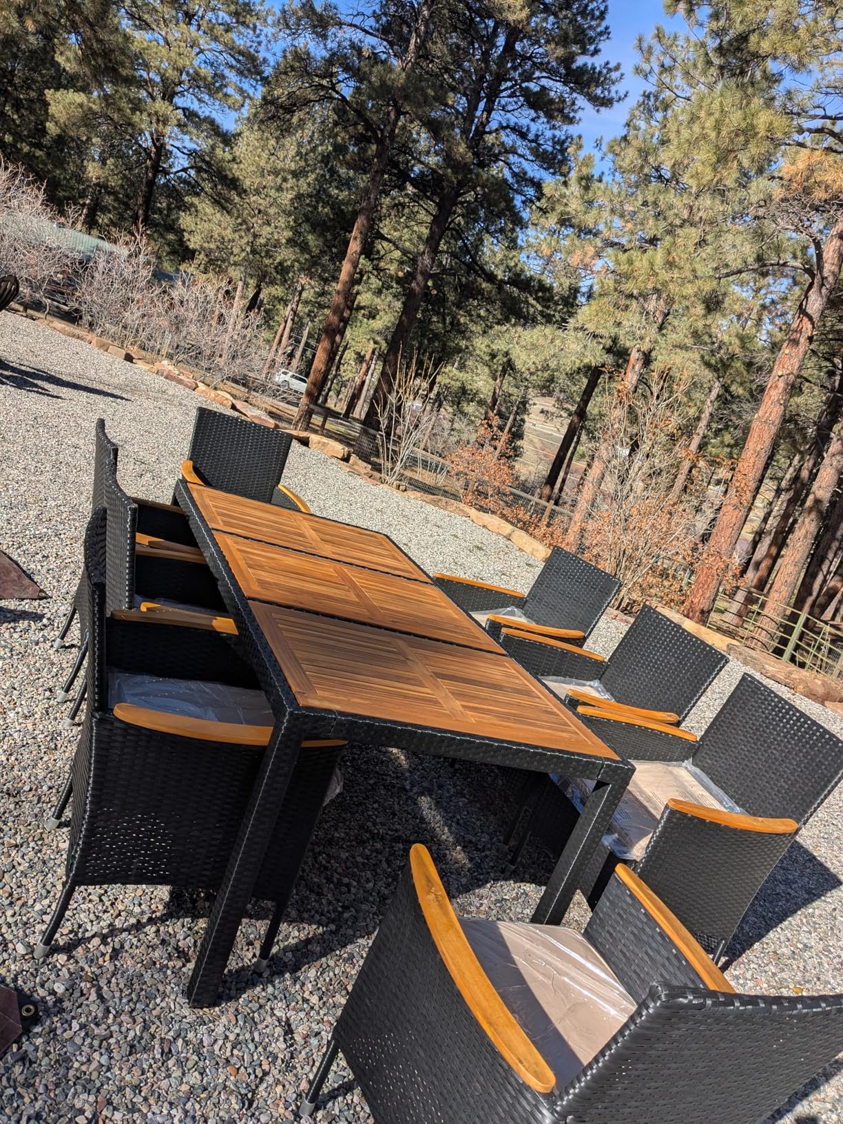 Devoko Outdoor Patio Dining Sets 9 Pieces Wicker Outdoor Dining Table and Chairs Set with Acacia Wood Table Top and Widened Armrests for Backyard, Garden, Deck (Black) customer photo 2