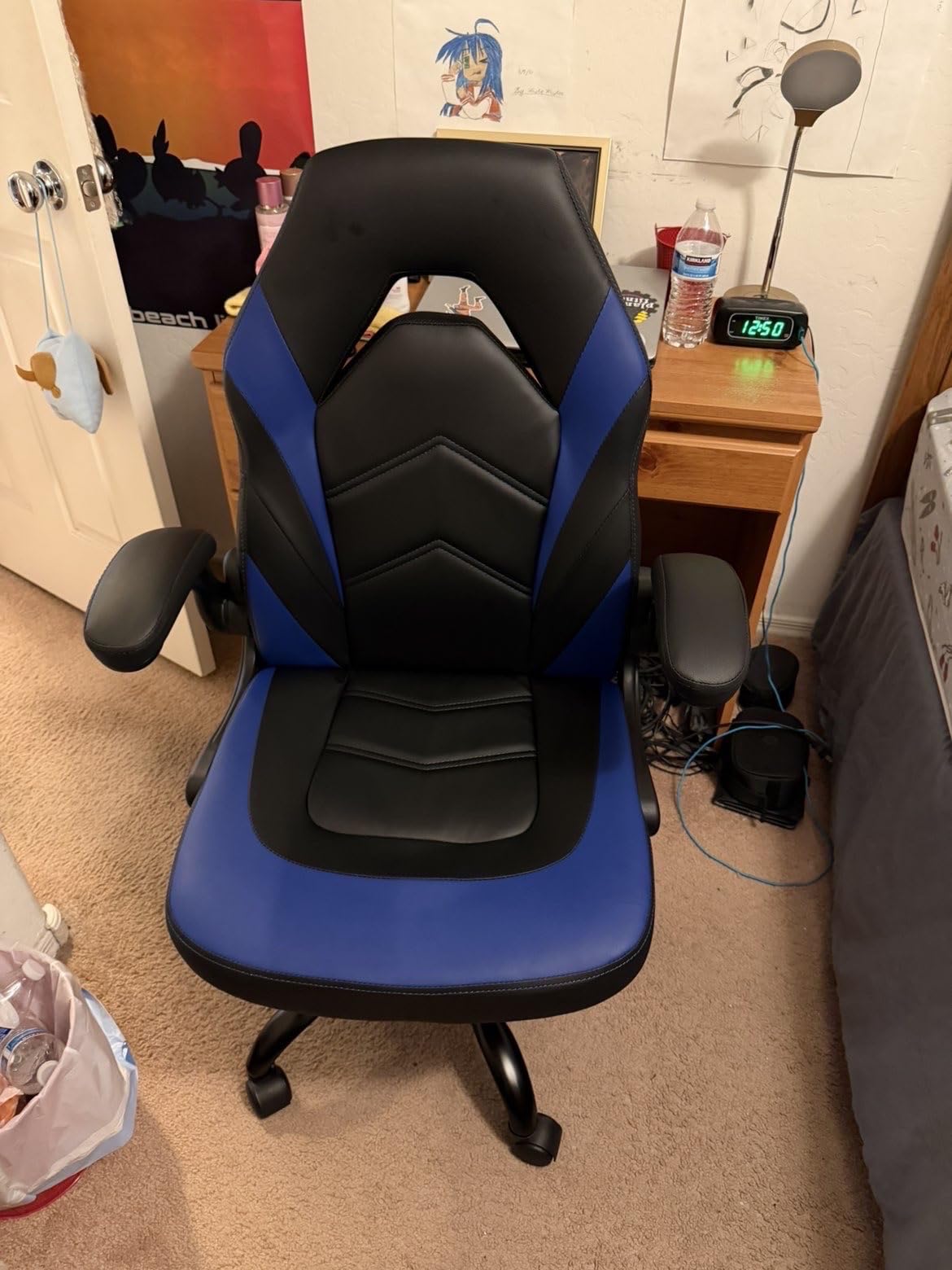 Sweetcrispy Computer Video Game Chair - Ergonomic Home Office with Comfy Lumbar Support, PU Leather Height Adjustable with Flip-up Armrest and 360 Swivel Wheels, Blue, for Adults, Teens customer photo 2
