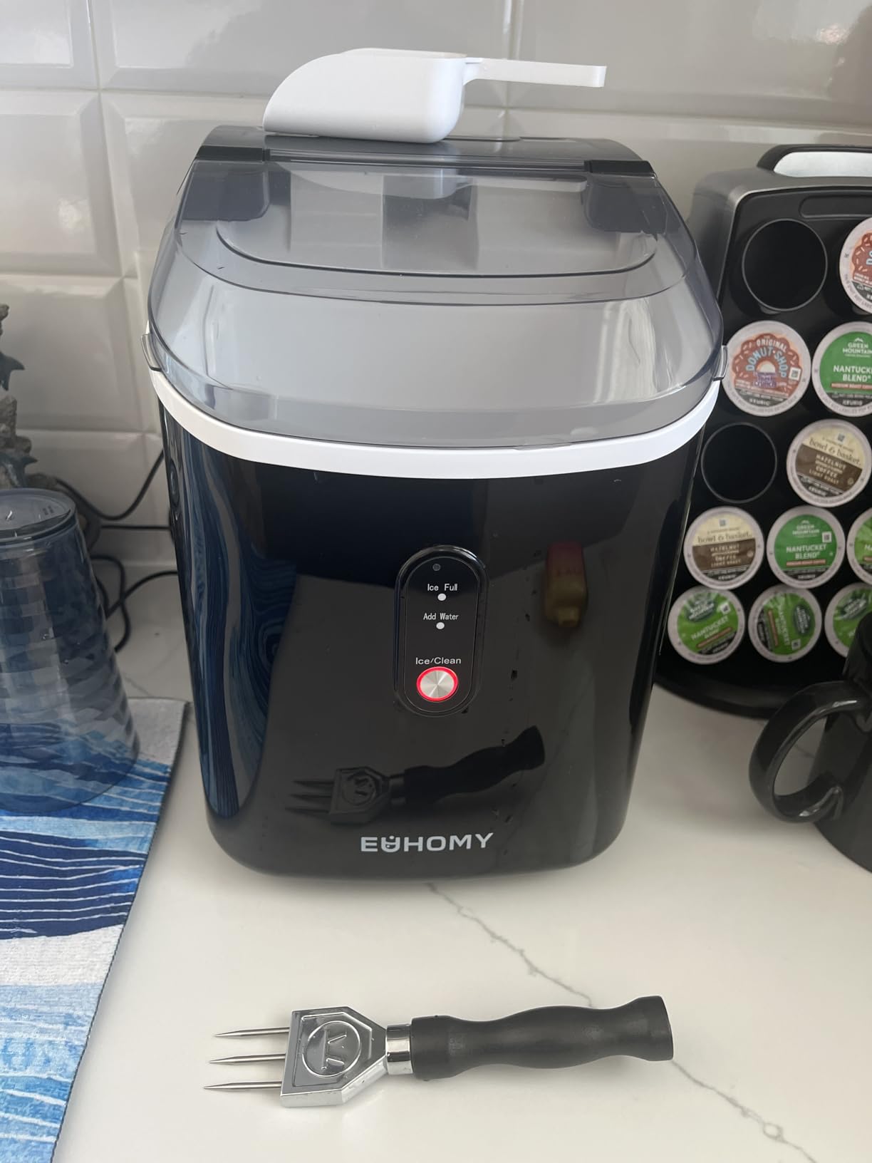 EUHOMY Nugget Ice Maker Countertop with Handle, Ready in 6 Mins, 34lbs Per Day, Removable Top Cover, Auto-Cleaning, Portable Sonic Ice Maker with Basket and Scoop, for Home/Party/RV/Camping (Black) customer photo 1