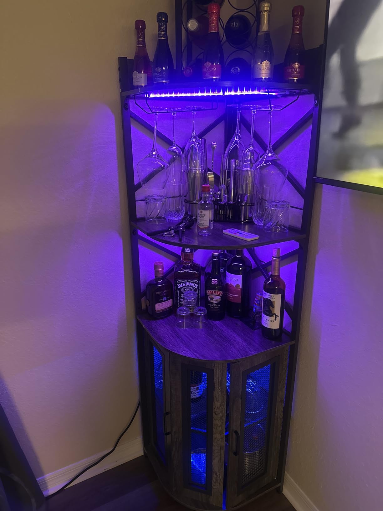 Aheaplus Corner Bar Cabinet with Power Outlet, Industrial Wine Cabinet with LED Strip and Glass Holder, 5-Tiers Liquor Cabinets Bar Unit for Home customer photo 1
