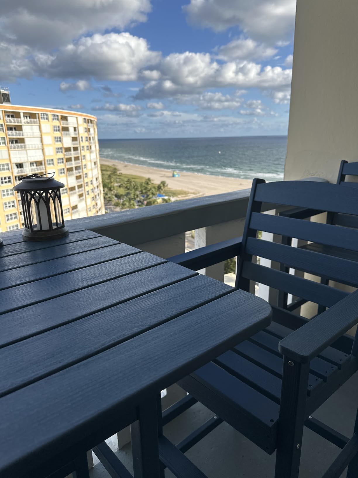 SERWALL Balcony Adirondack Chairs and Table 3 Pieces Set, Adirondack Bar Height Chairs Set of 2 and Bar Table, Outdoor Bar Stools Set for Bistro, Poolside, Backyard, Blue customer photo 2