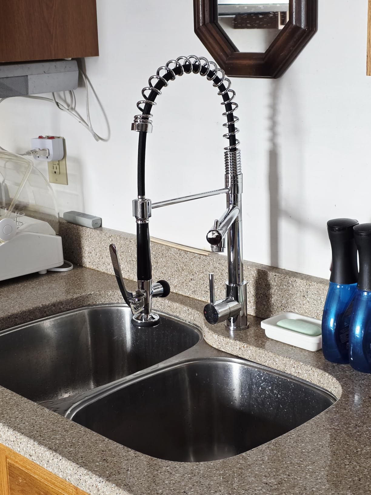 Fapully Commercial Kitchen Faucet,Wall Mount Kitchen Sink Faucet with Pre-Rinse Pull Down Sprayer,25'' Height 8'' Center 3 Compartment Sink Faucets with 12.2'' Swing Spout Chrome customer photo 1